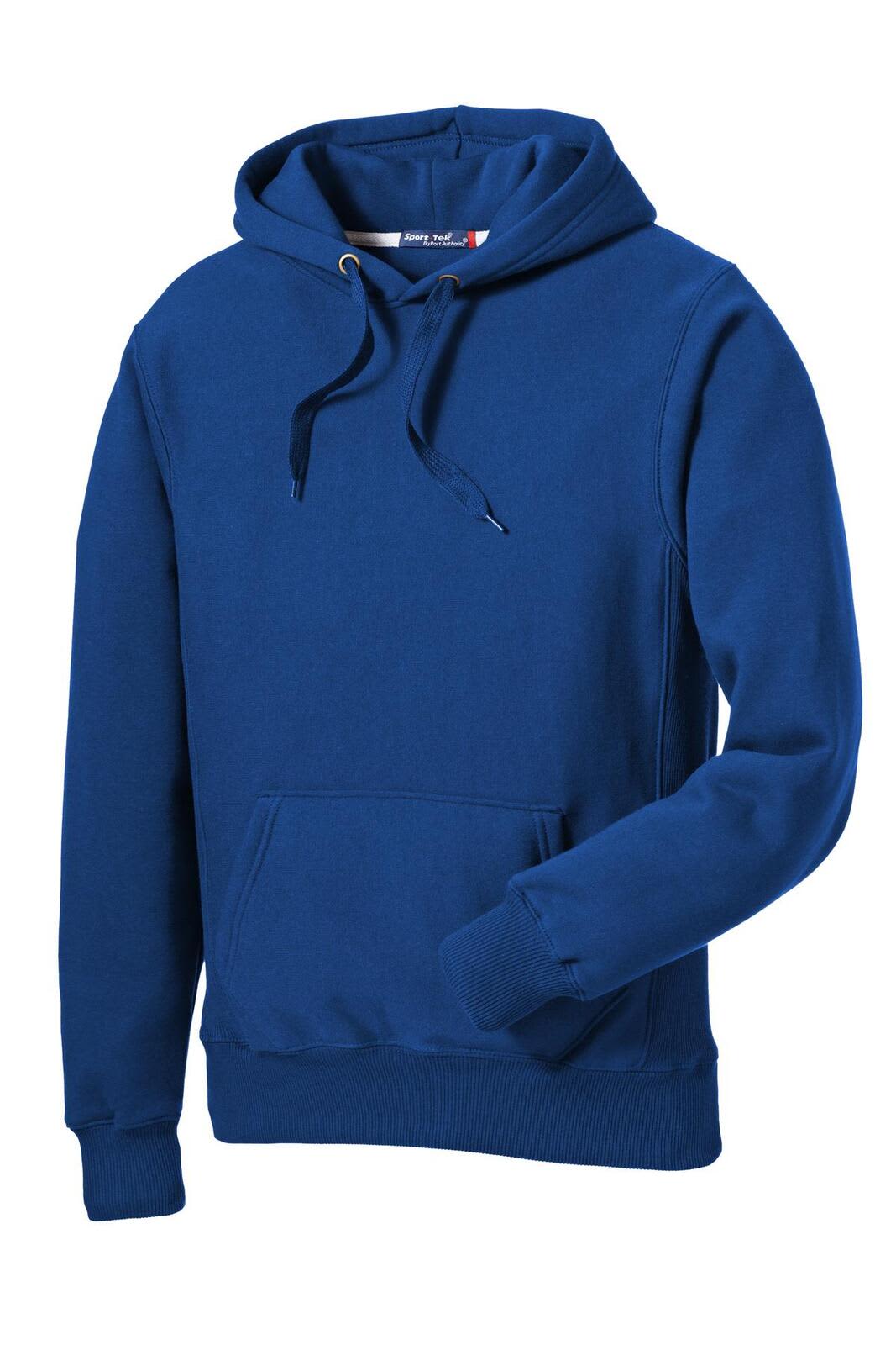 A blue Sport-Tek Super Heavyweight Pullover Hooded Sweatshirt with a front pocket and a hood.