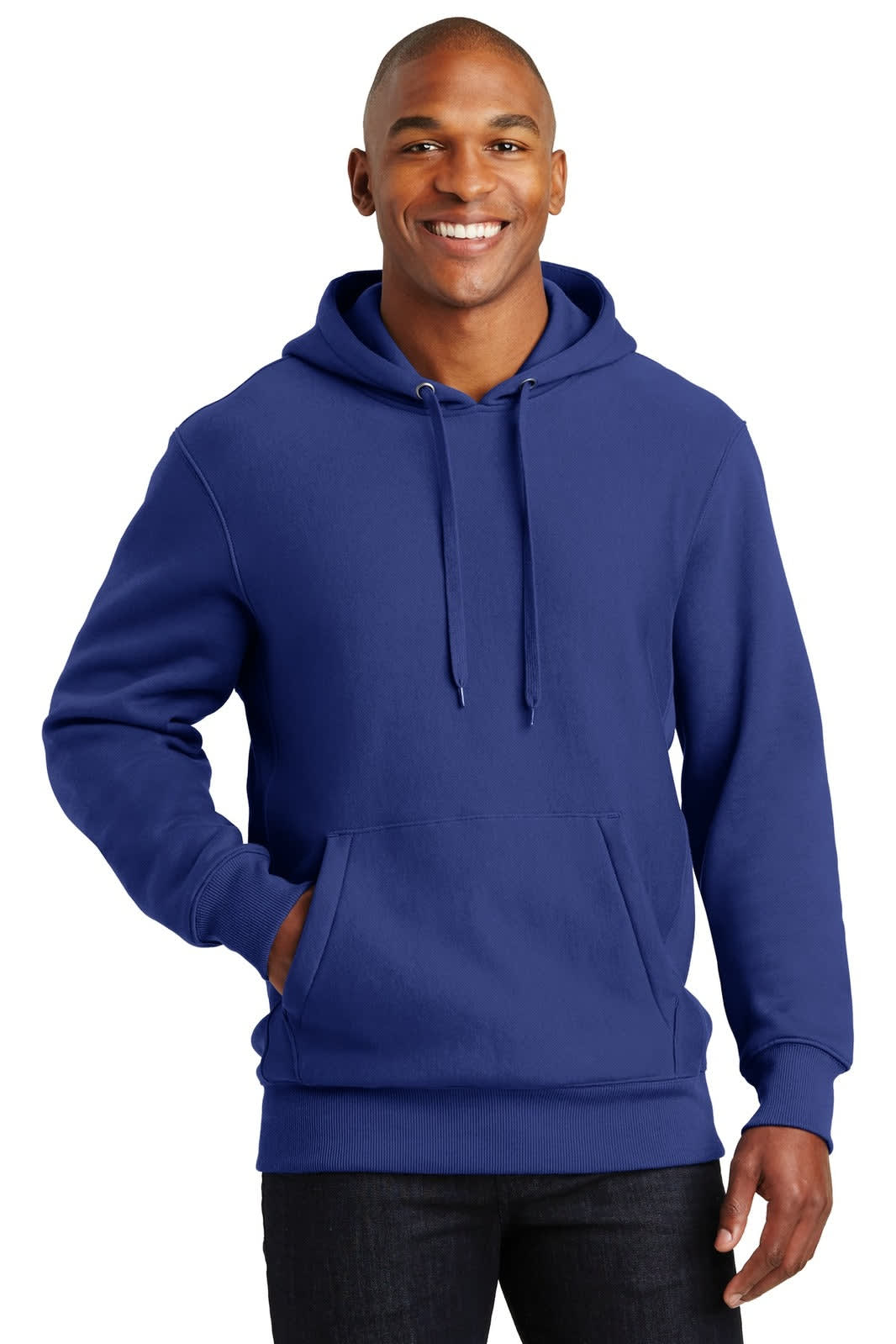A blue pullover hooded sweatshirt with a front pocket, featuring a logo on the chest.