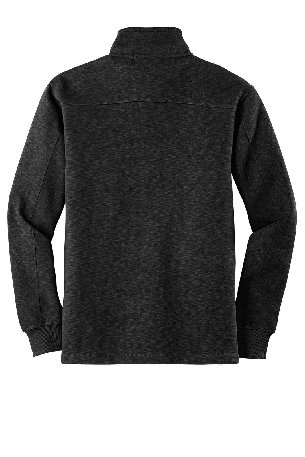 A black slub fleece 1/4-zip pullover with a high collar, featuring long sleeves and a back view.