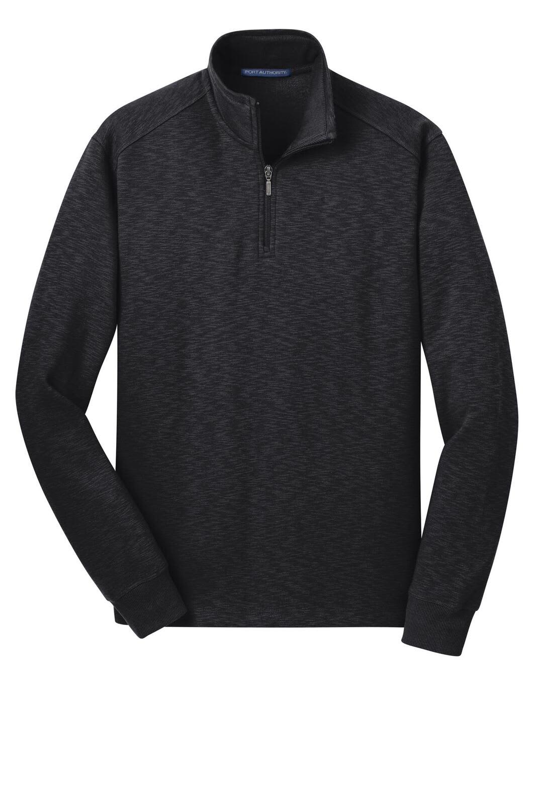 A black slub fleece 1/4-zip pullover with long sleeves and a zipped neckline, featuring a logo.