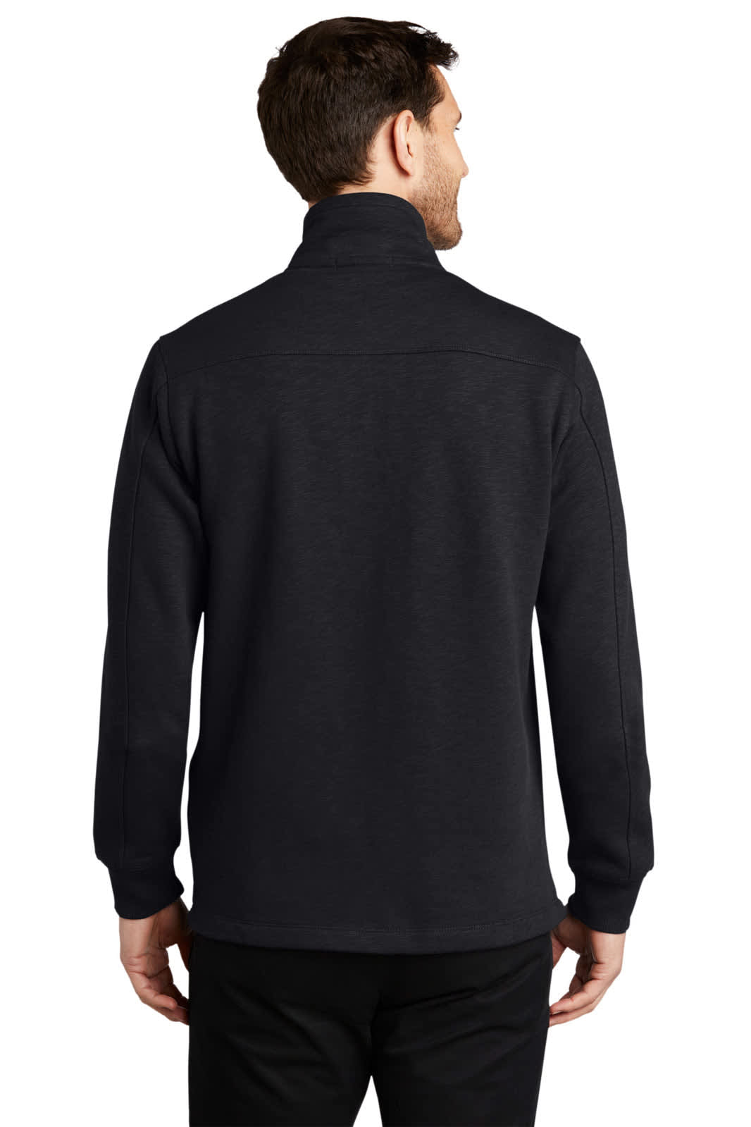 A dark grey pullover jumper with a high collar and a back view of a male model. It features a logo.