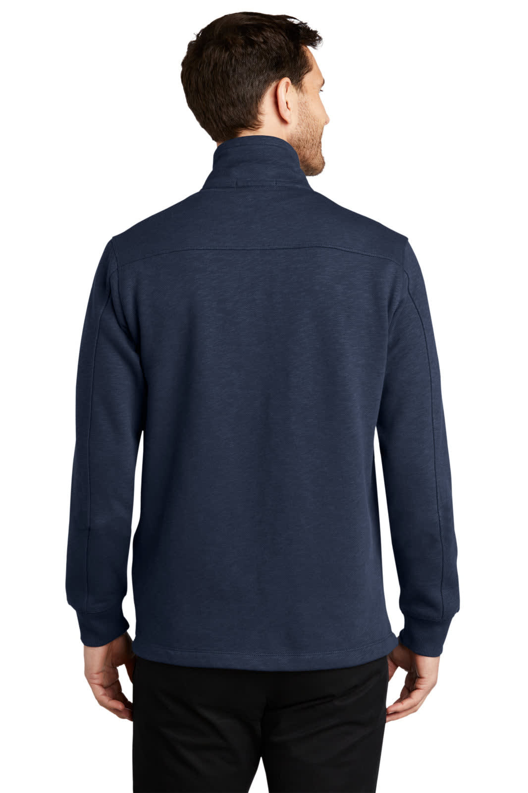 A navy fleece 1/4-zip pullover featuring a back view with a high collar. Includes a small logo.