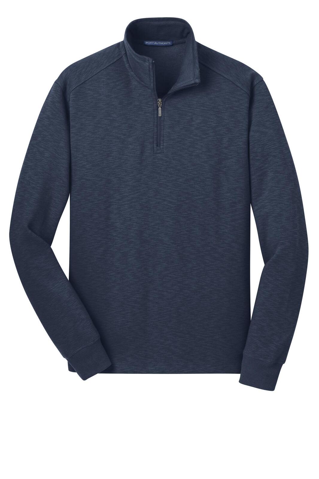 A navy blue slub fleece 1/4-zip pullover with long sleeves and a small branded logo.