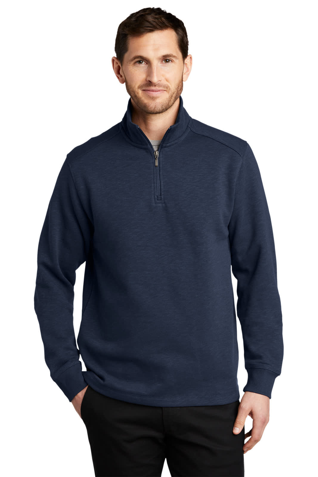 A navy blue fleece 1/4-zip pullover for men featuring long sleeves and a logo.
