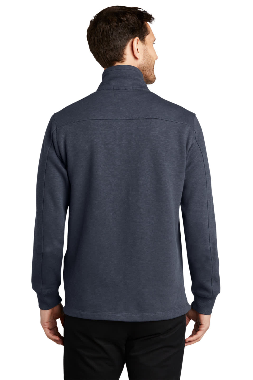 A man wearing a navy slub fleece 1/4-zip pullover, viewed from the back. The pullover features a collar and long sleeves.