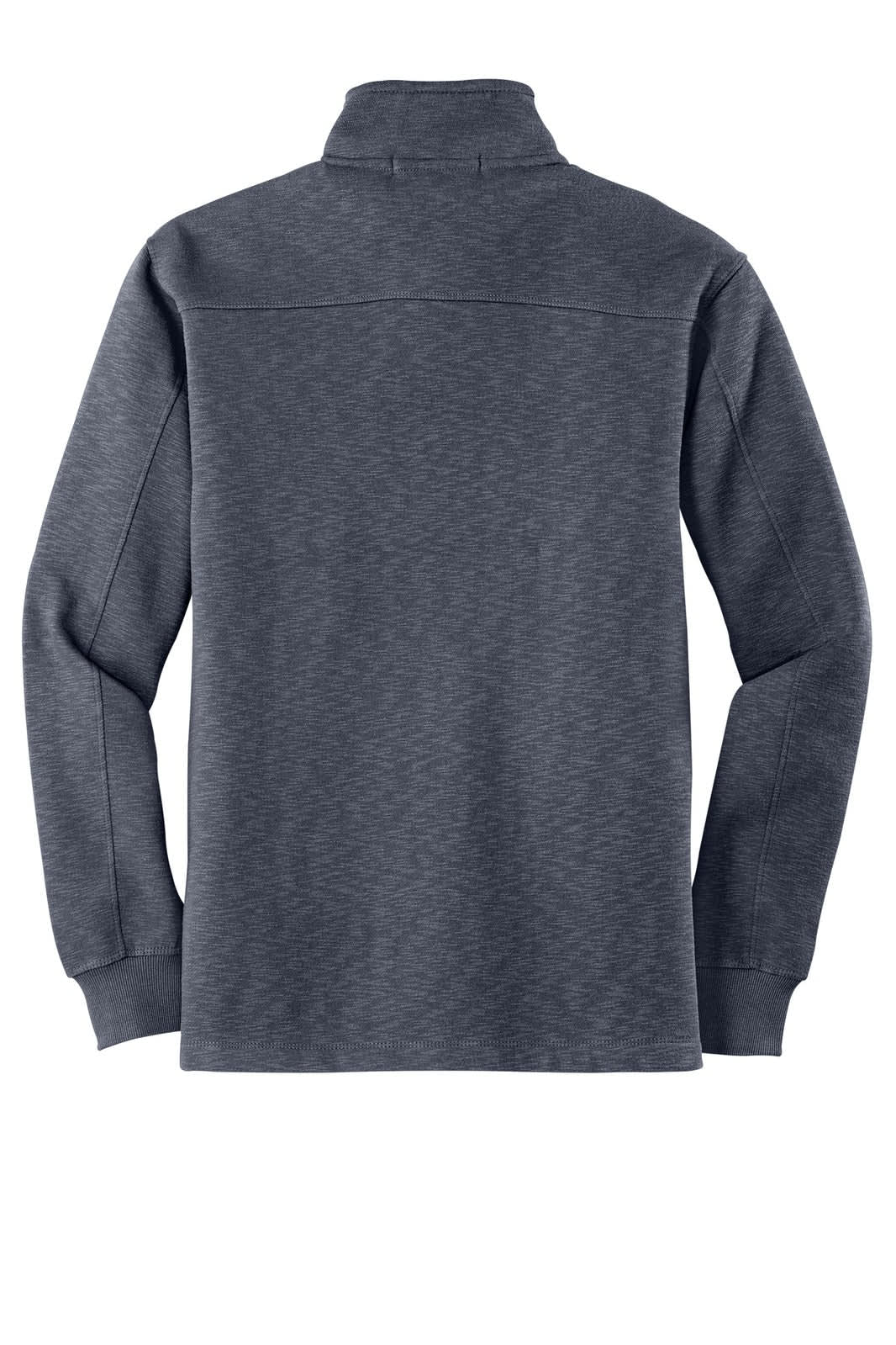 A navy slub fleece 1/4-zip pullover with long sleeves and a collar, featuring a plain back design.
