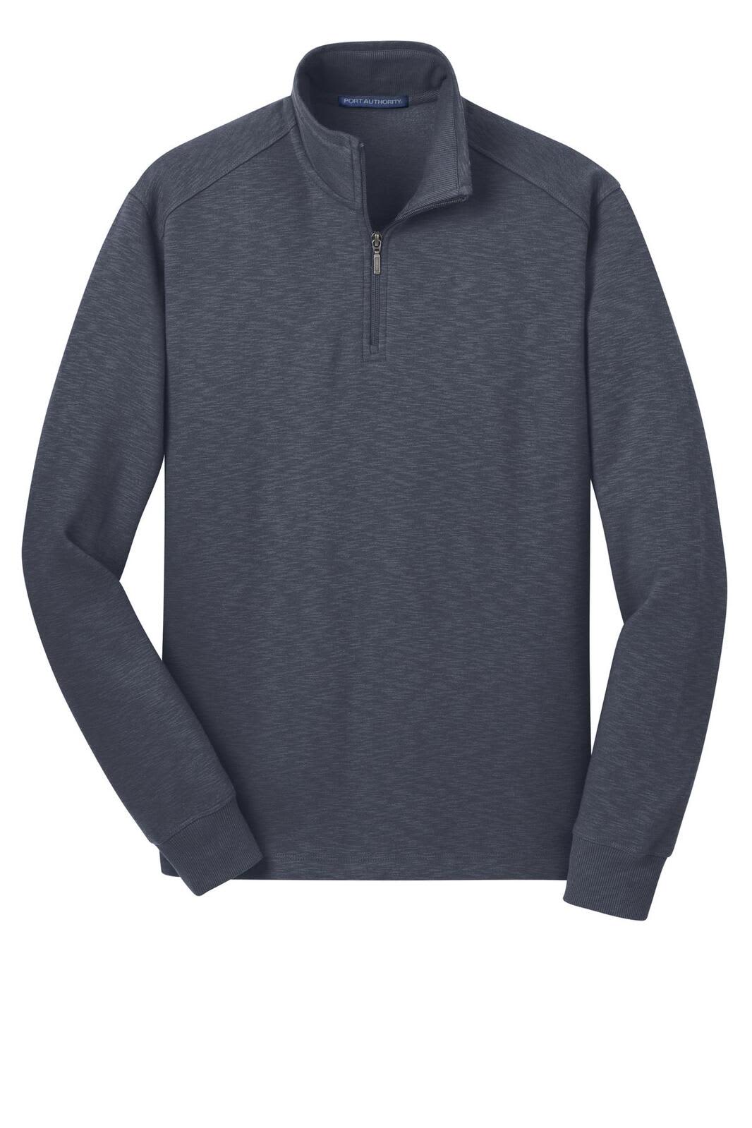A dark grey 1/4-zip pullover featuring long sleeves and a logo. Ideal for casual wear.