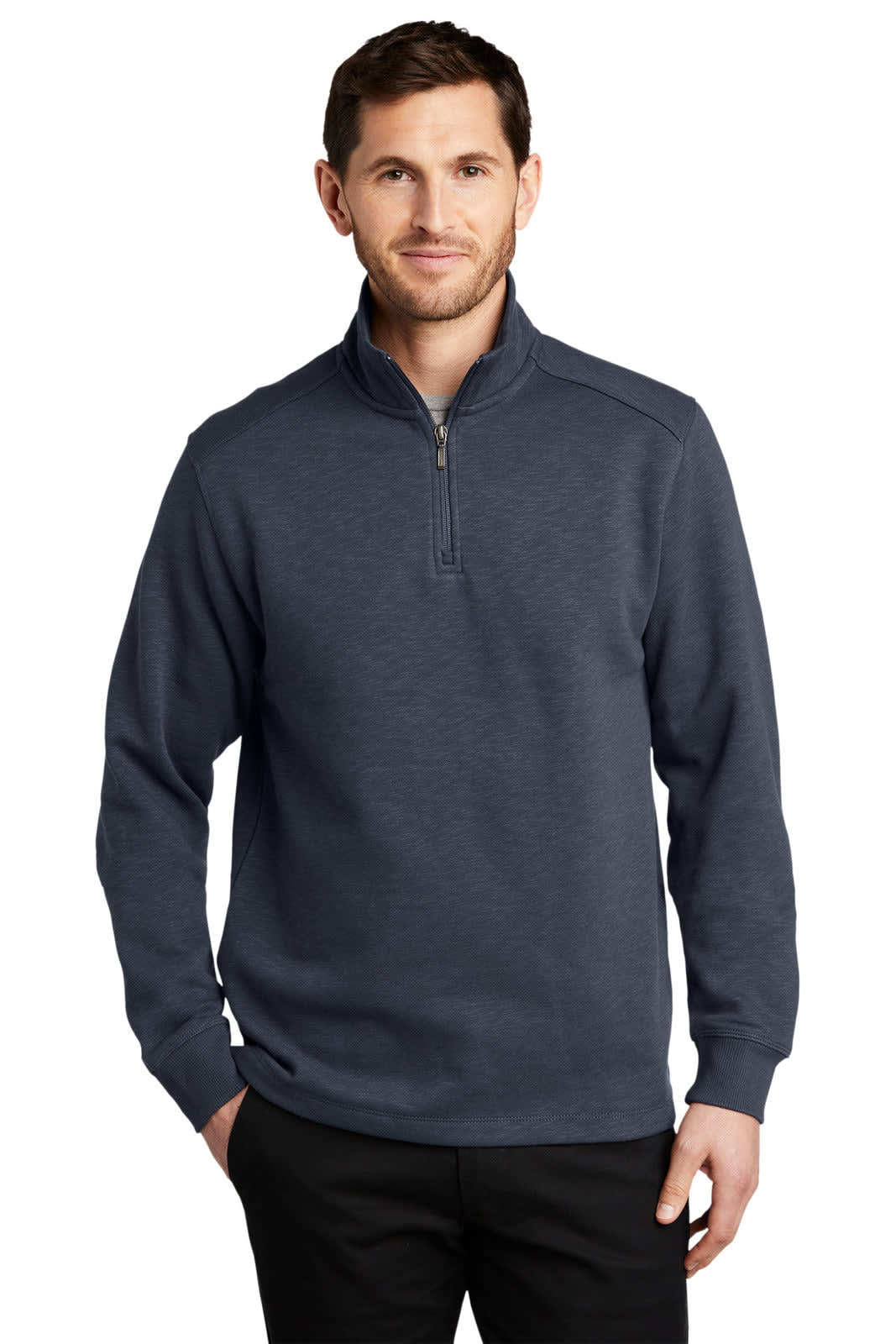A man wearing a navy slub fleece 1/4-zip pullover with long sleeves and a zipper at the neck.