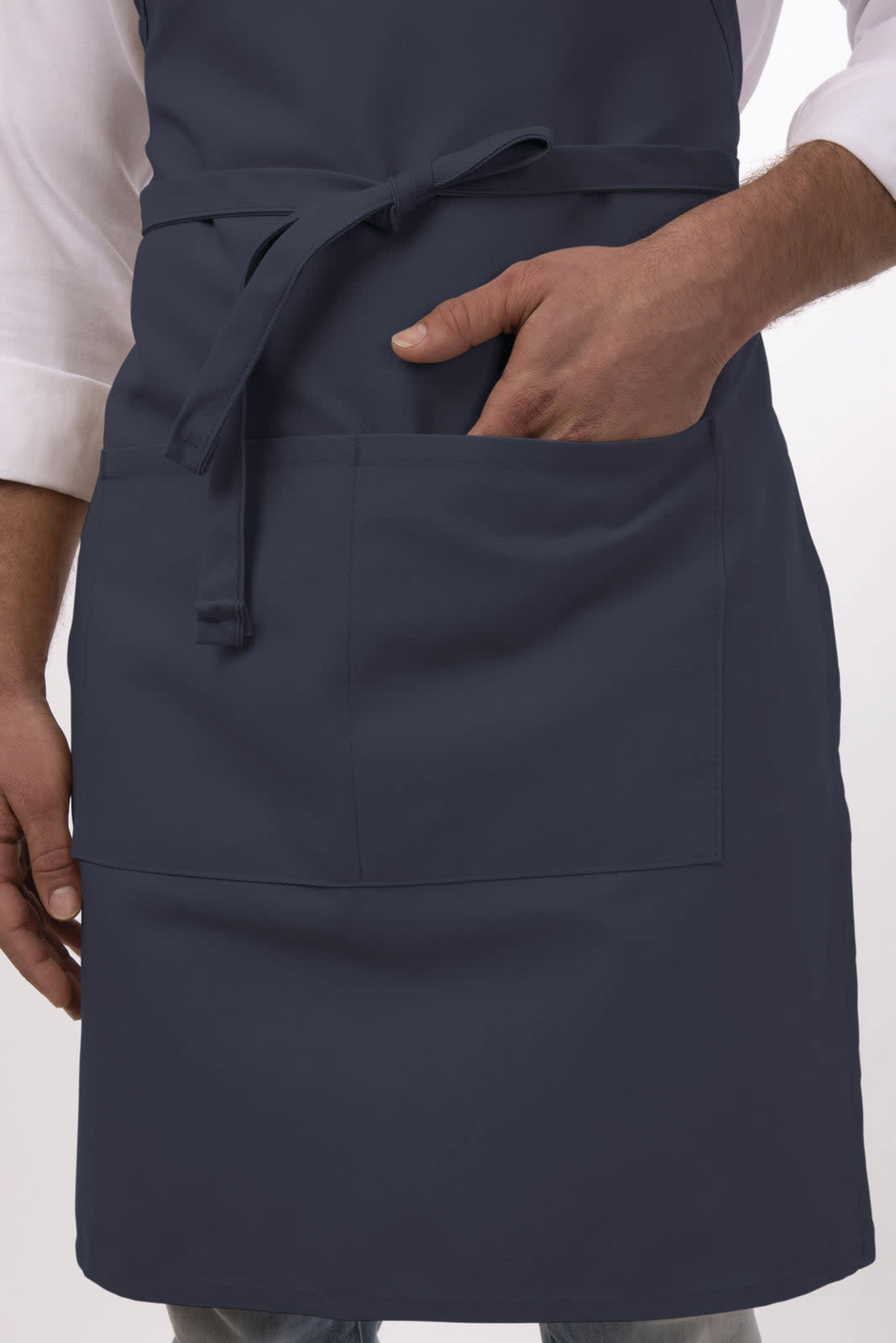 A dark blue bib apron featuring a front pocket and a waist tie, designed for workwear use.