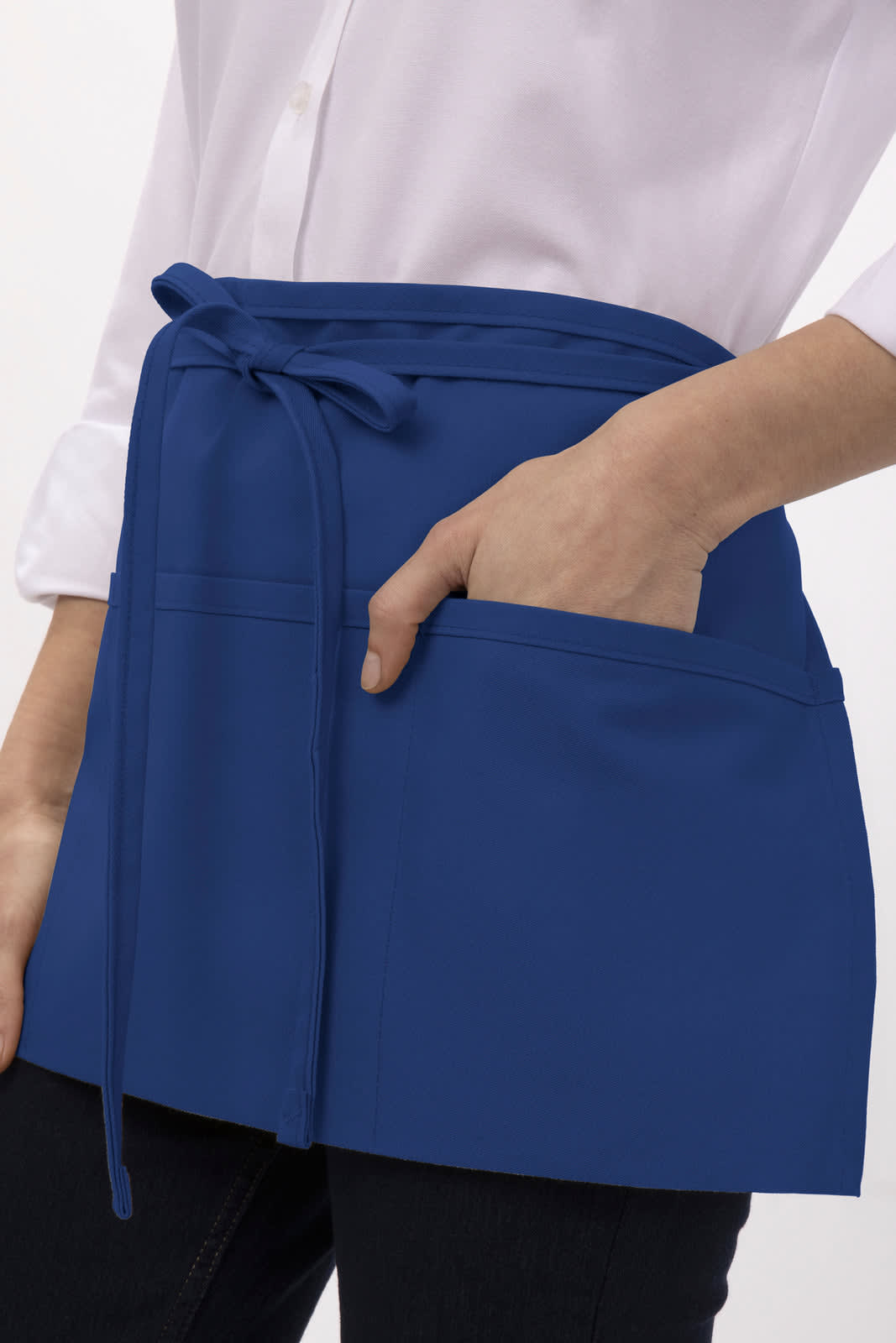 A blue waist apron with a tie and front pocket, designed for workwear use.