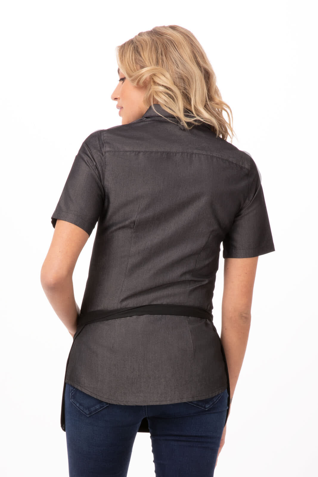 A reversible waist apron in black, featuring a stylish design and short sleeves, displayed from the back.