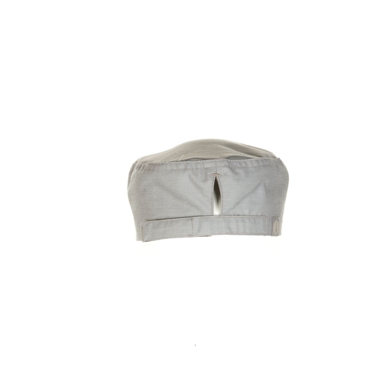 A grey beanie featuring an open back design and a logo on the side.