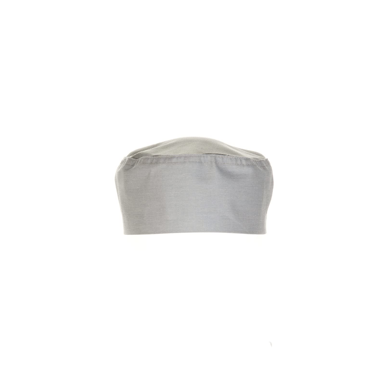 A grey beanie with a smooth texture and an elastic fit, featuring a branding logo.