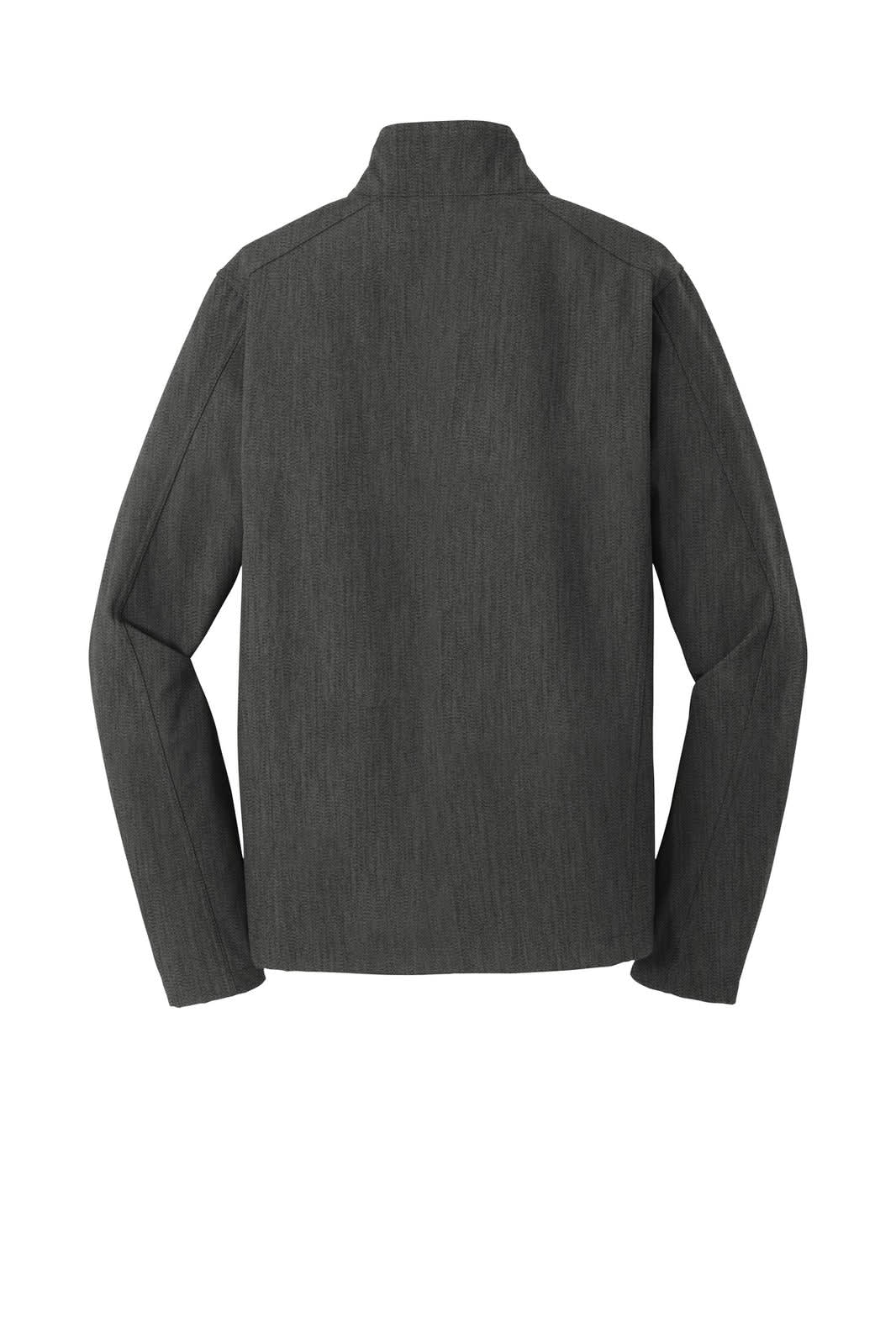 A dark grey soft shell jacket featuring a high collar and long sleeves, with a branding logo on the back.