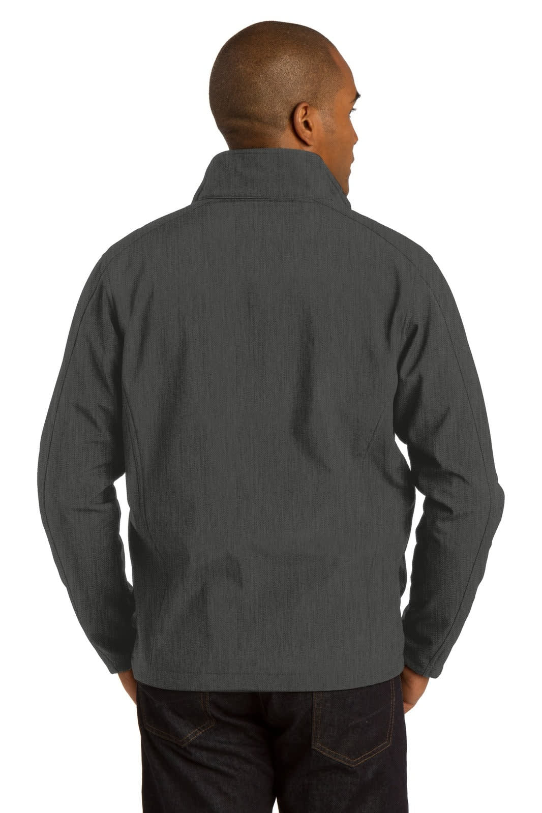 A soft shell jacket in grey, featuring a high collar and a logo on the back.