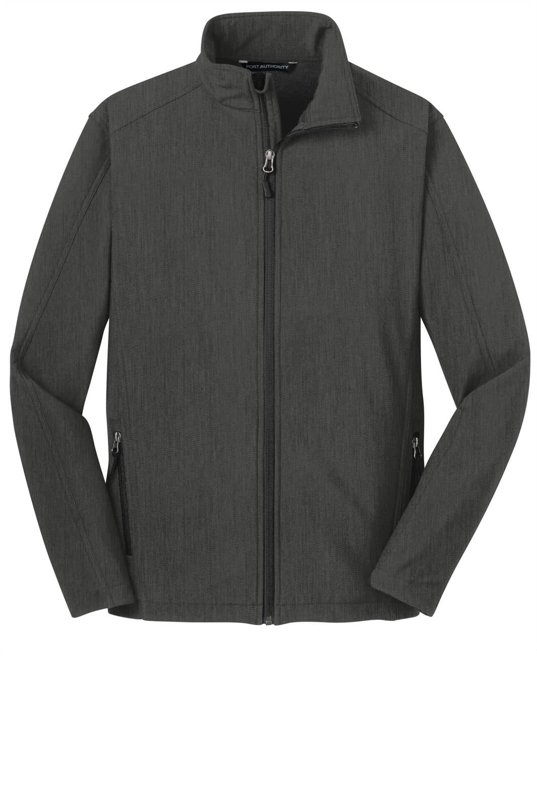 A grey soft shell jacket featuring a high collar and zippered front, with side pockets. It has a branding logo.