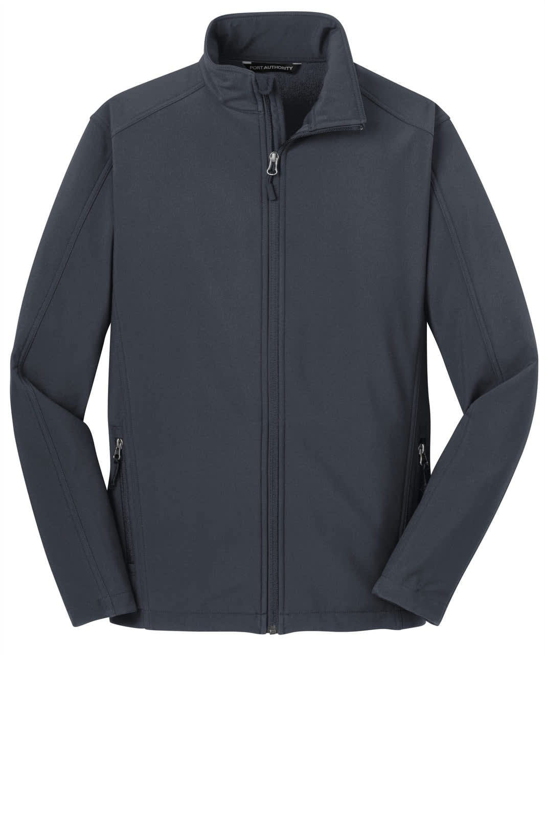 A navy soft shell jacket with a front zip and two side pockets, featuring a logo on the chest.