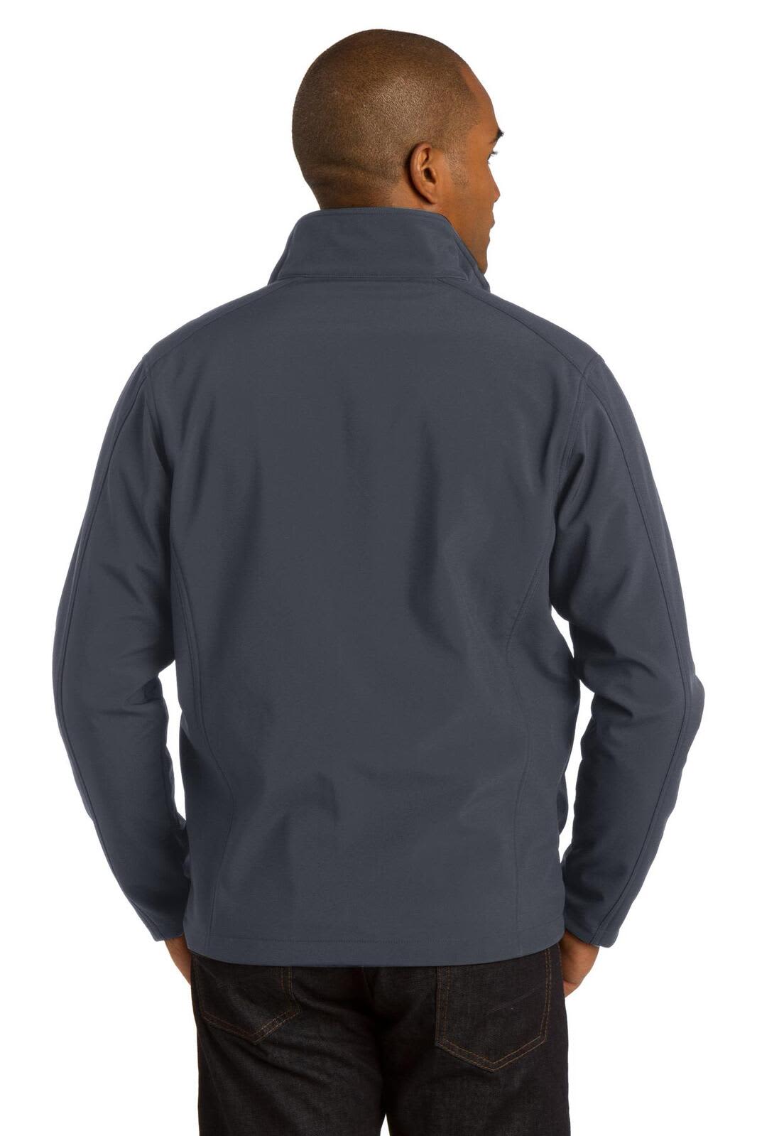 A soft shell jacket in dark grey, featuring a high collar and a logo on the back.