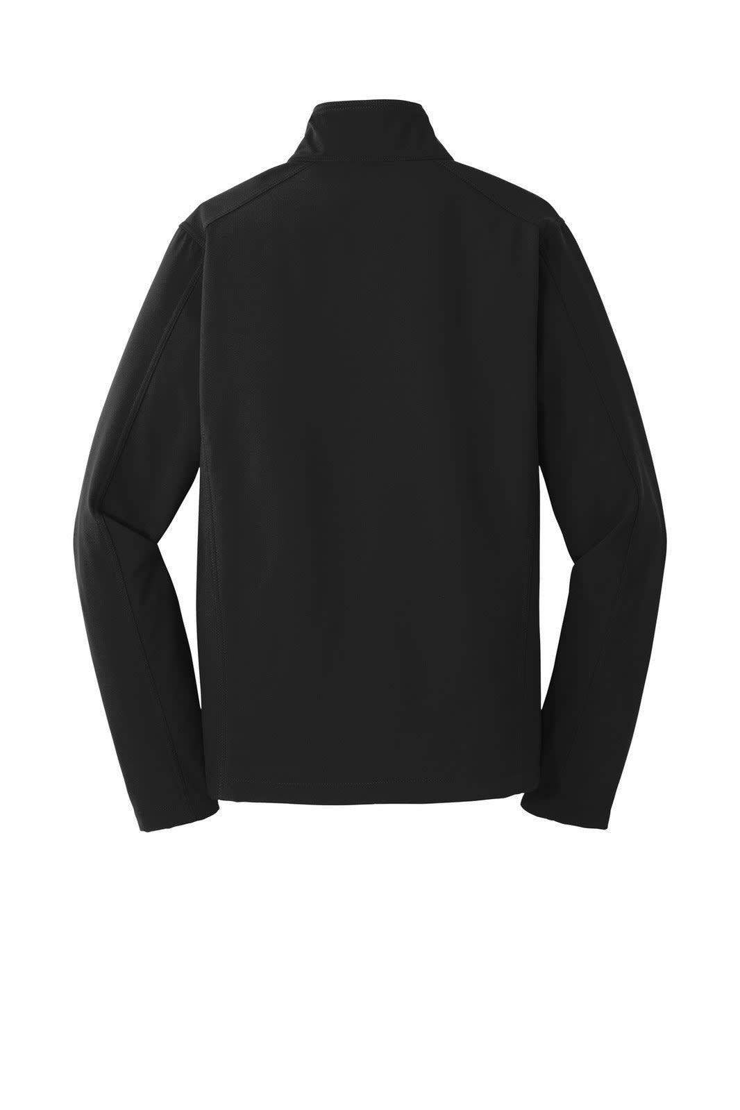 A black Port Authority Core Soft Shell Jacket with a high collar and long sleeves, featuring a logo.