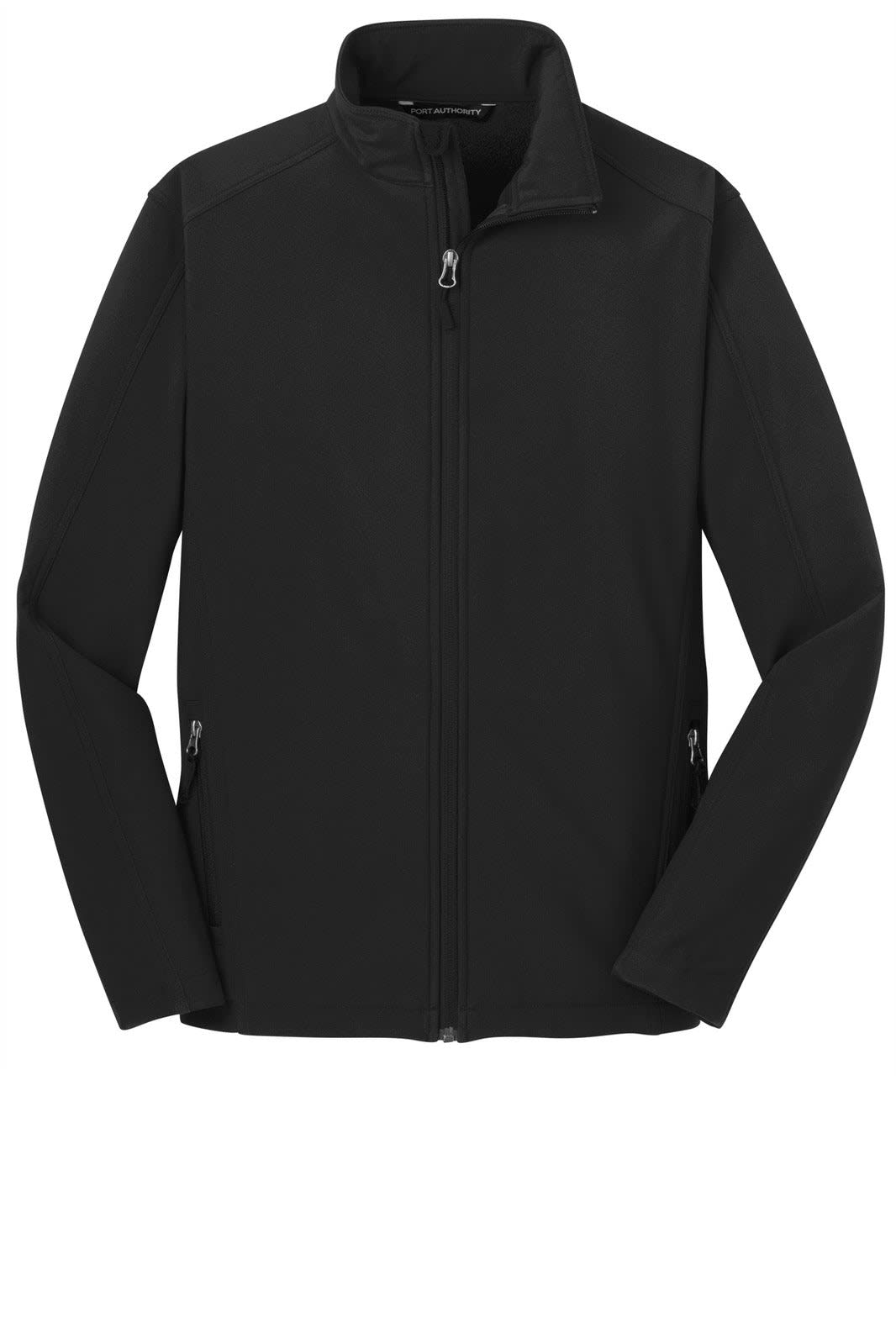 A black Port Authority Core Soft Shell Jacket with a zip front and side pockets, featuring a logo.