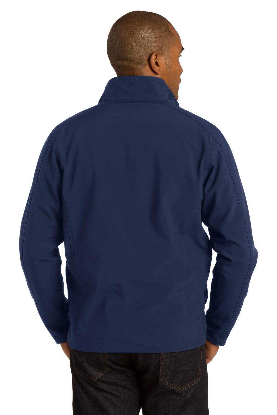 A navy blue Port Authority Core Soft Shell Jacket with a high collar, viewed from the back. Features a logo.