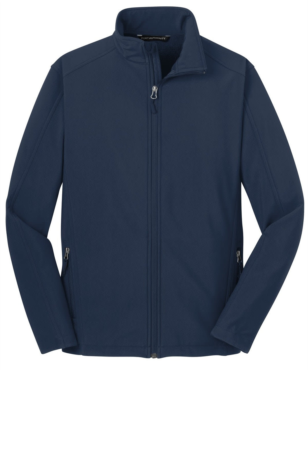 A navy blue soft shell jacket with a zippered front and two side pockets, featuring a logo on the chest.