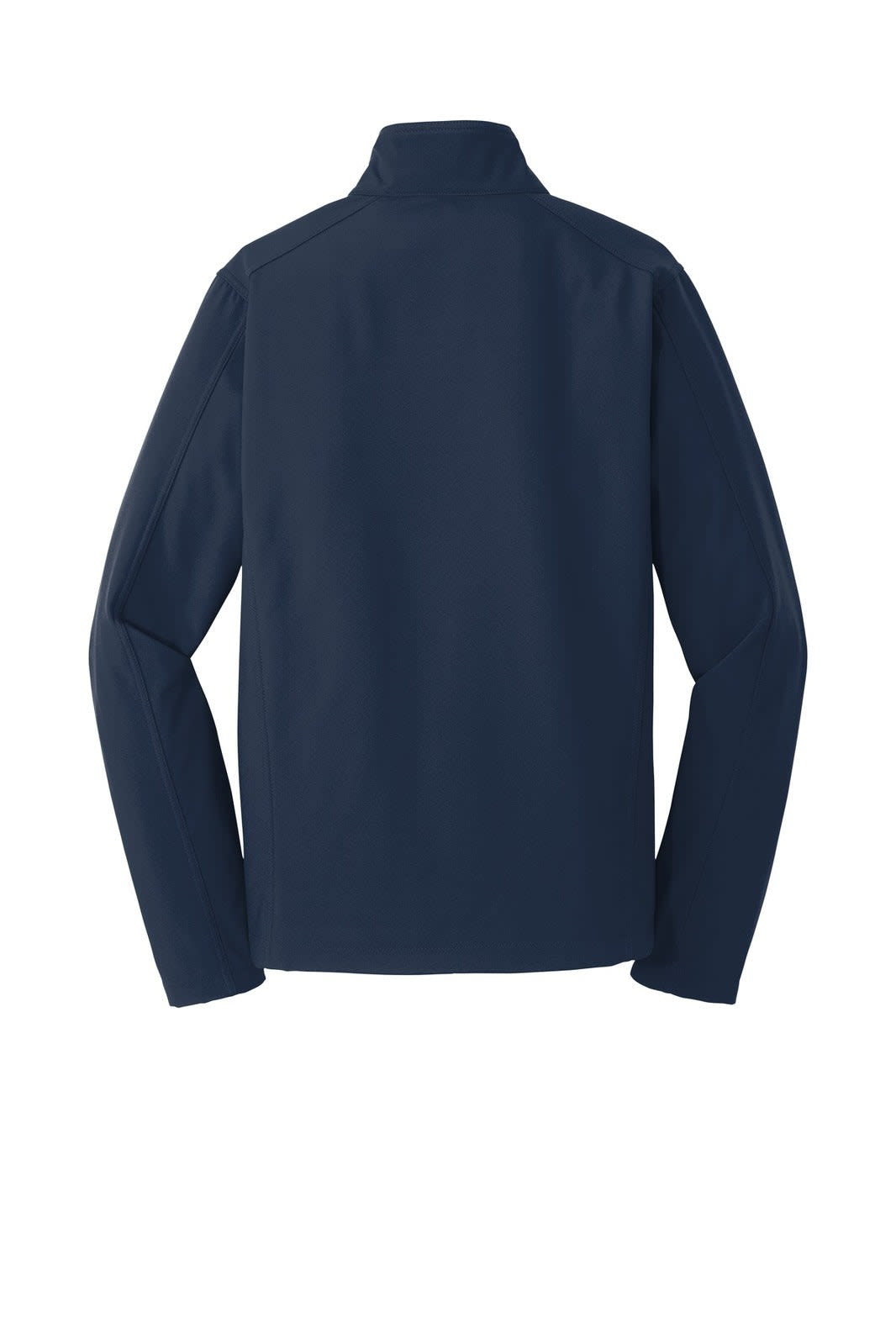 A navy blue soft shell jacket with a high collar and long sleeves, featuring a logo on the back.