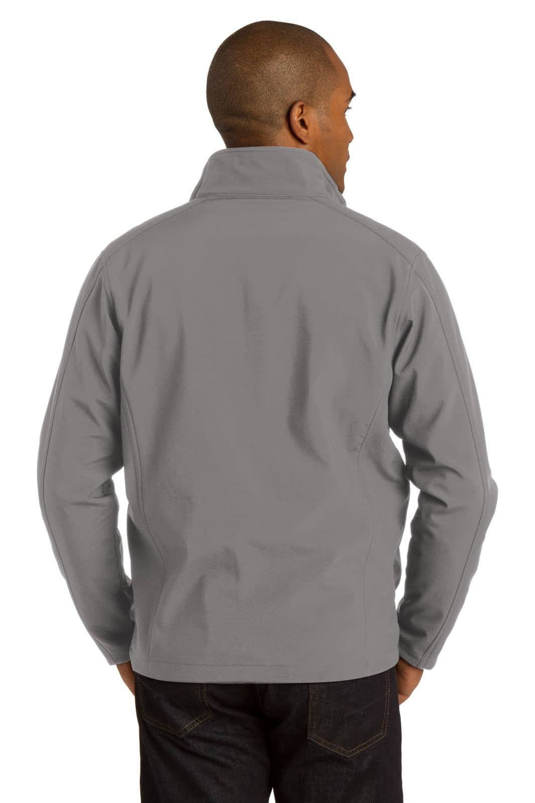 A grey Port Authority Core Soft Shell Jacket with a collar, featuring a logo.