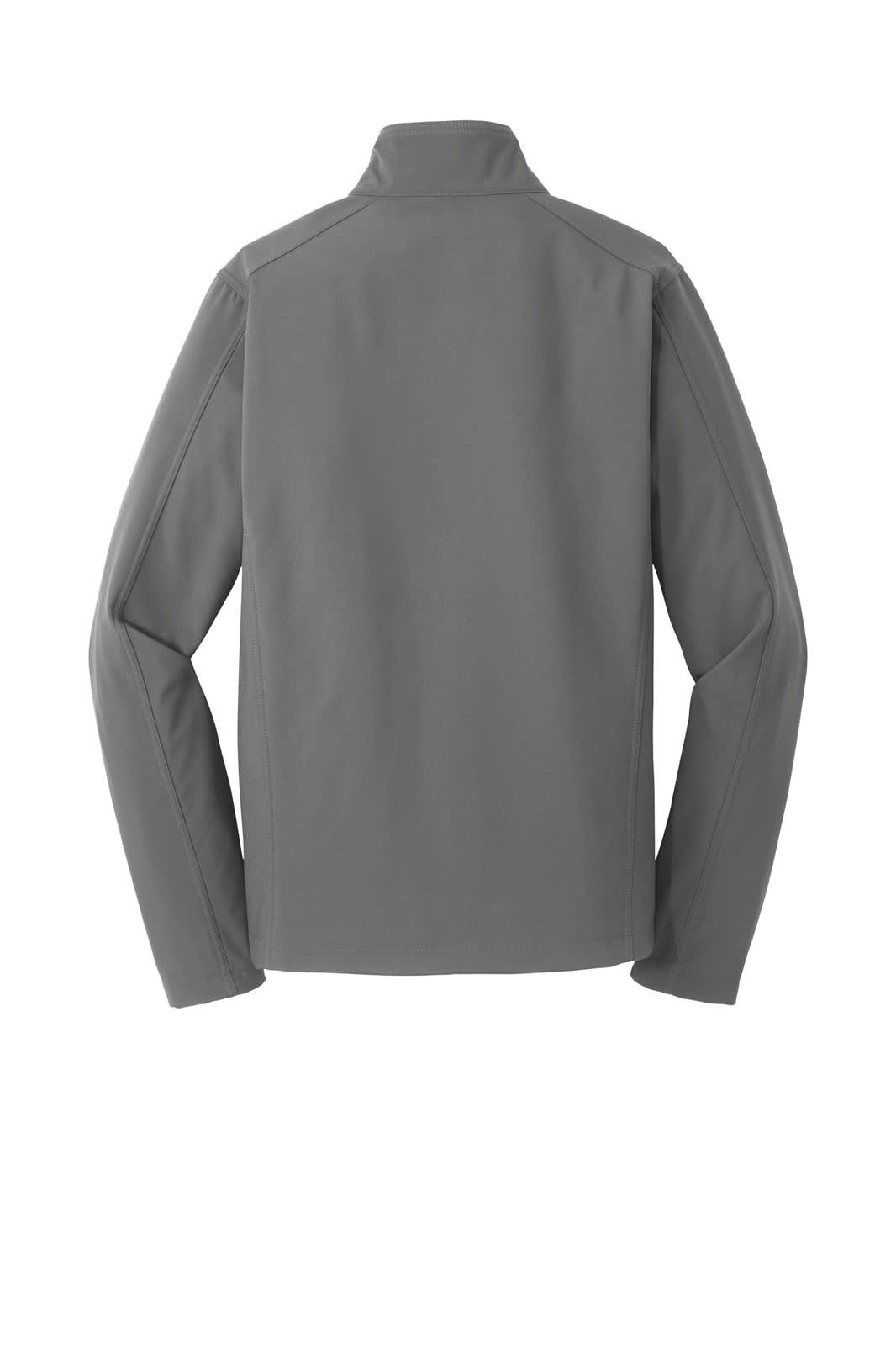 A soft shell jacket in grey with a high collar and long sleeves, featuring a brand logo.