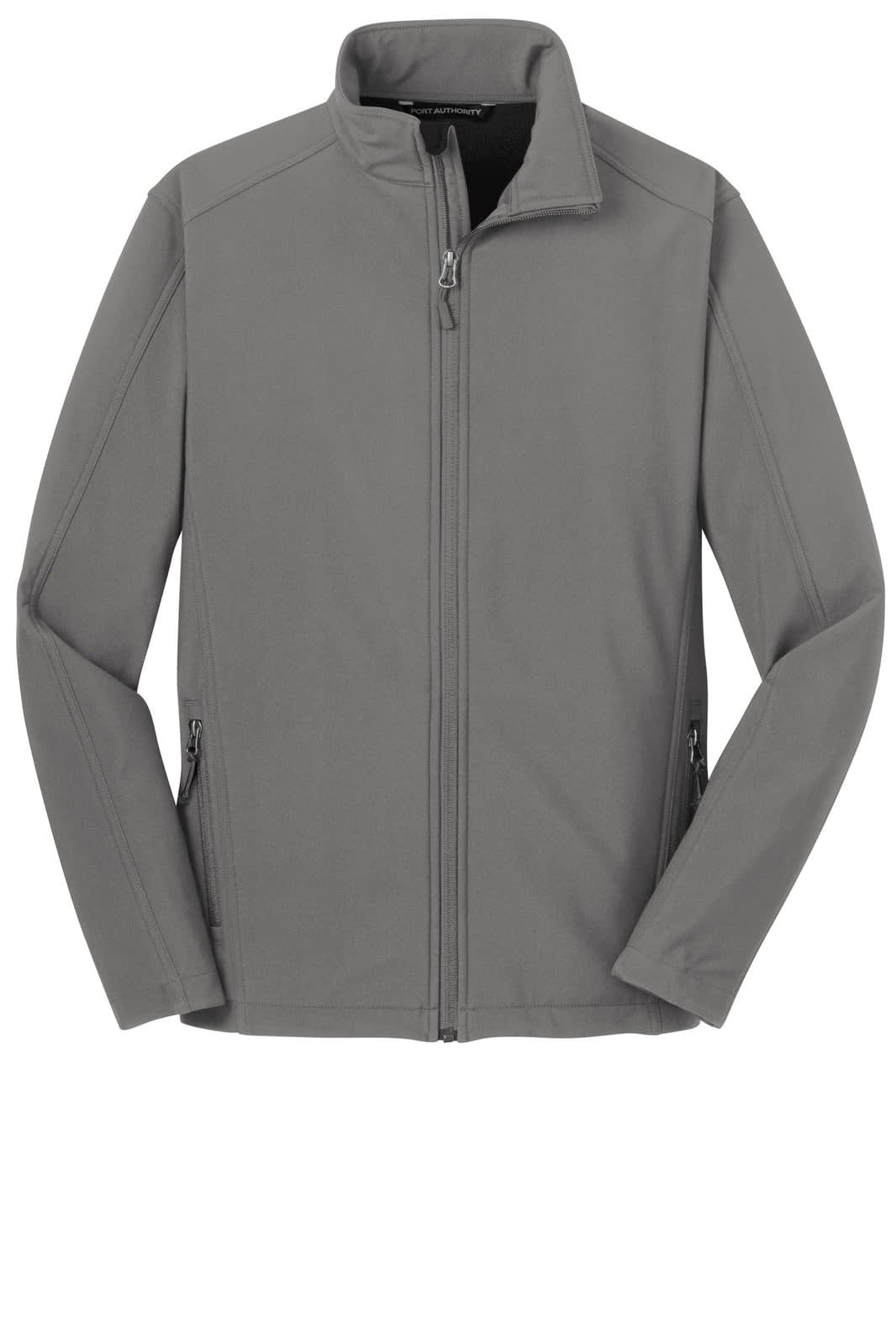 A grey soft shell jacket with a zip front, stand-up collar, and two side pockets. Features a logo.