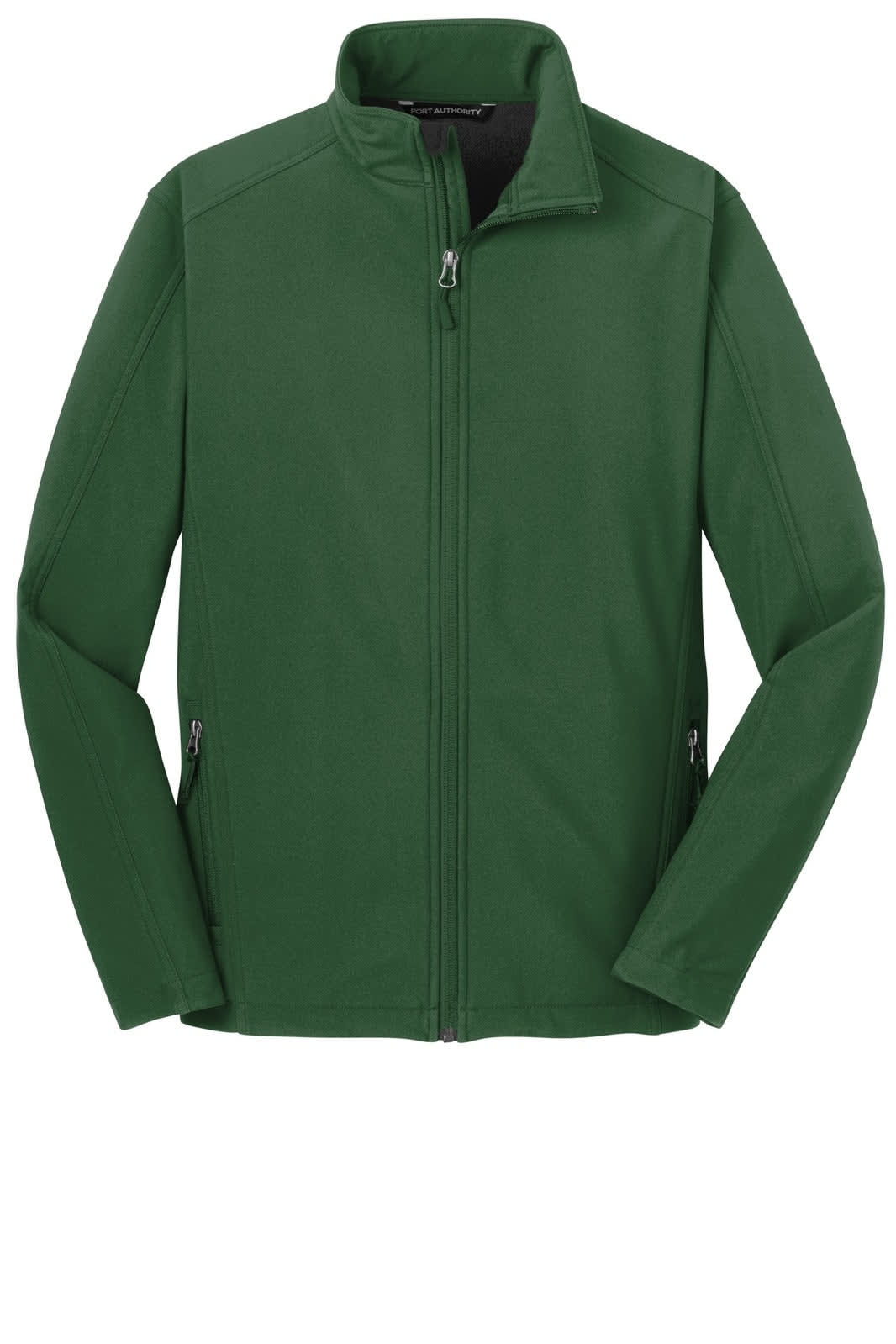 A green soft shell jacket with a zippered front and side pockets, featuring a logo.