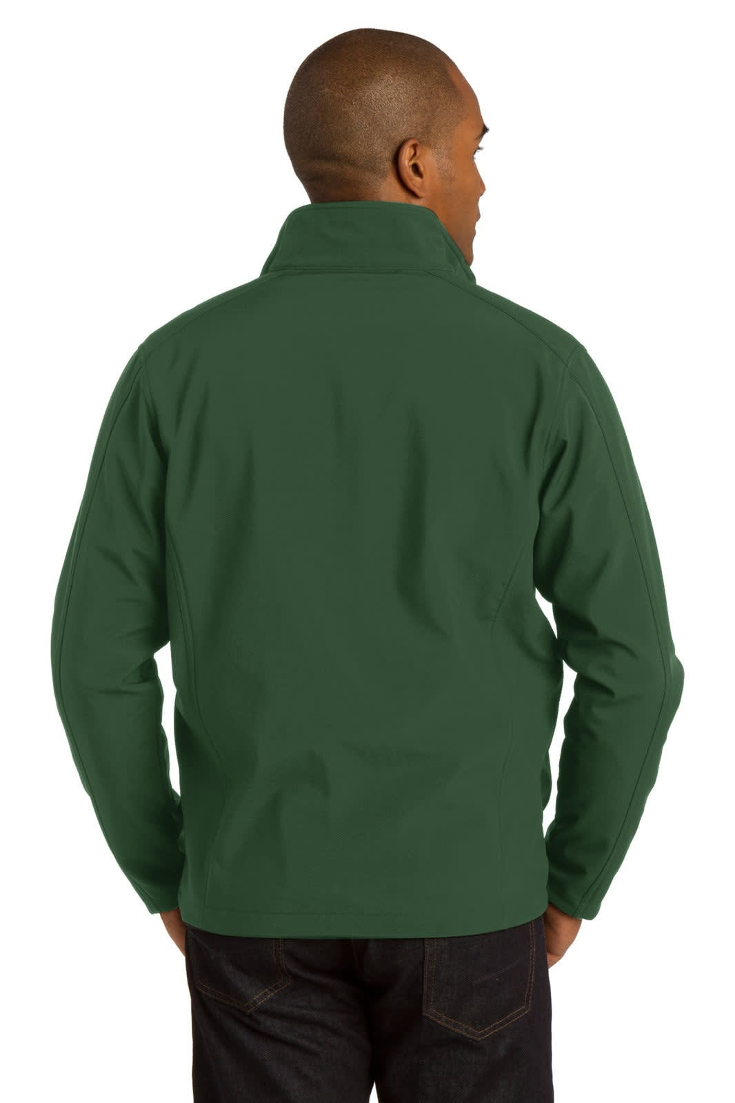 A soft shell jacket in dark green, featuring a high collar and a logo on the back.