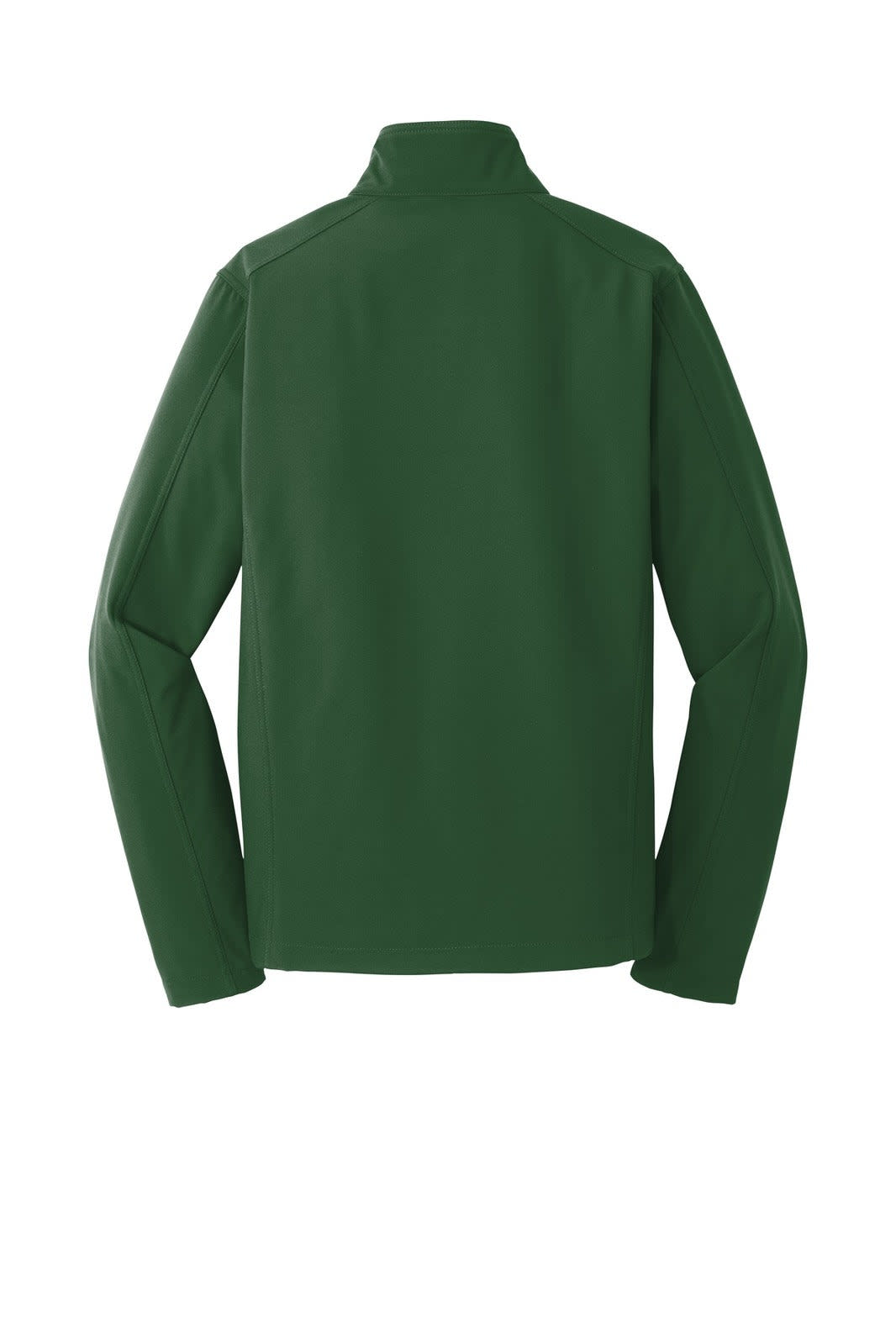 A green soft shell jacket with a high collar and no visible logos, featuring a smooth finish and long sleeves.