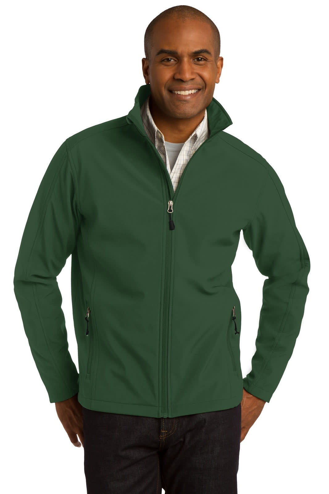 A green soft shell jacket worn by a man, featuring a zip front and side pockets. It has a branding logo.