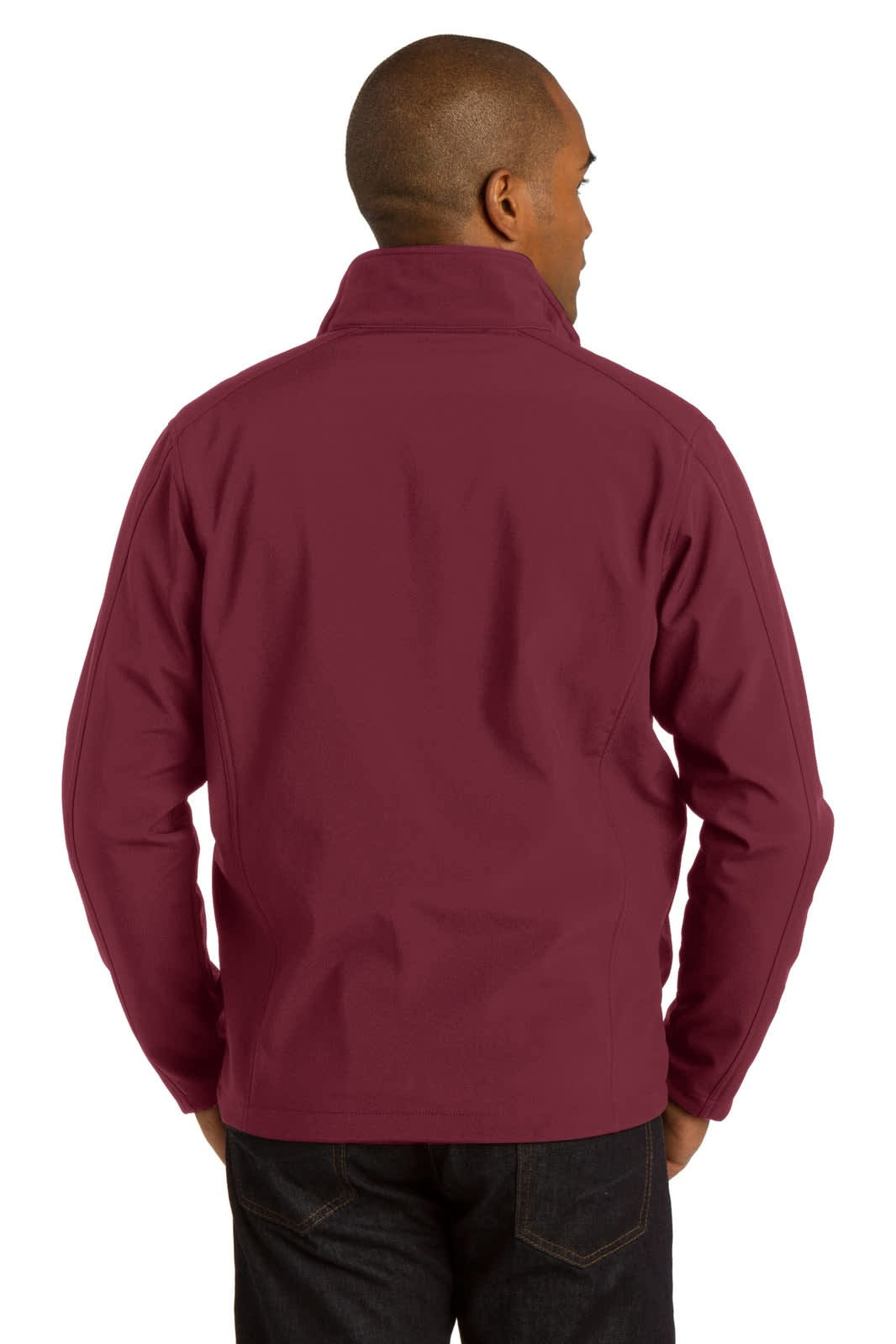 A maroon Port Authority Core Soft Shell Jacket featuring a high collar and a sporty design, viewed from the back.