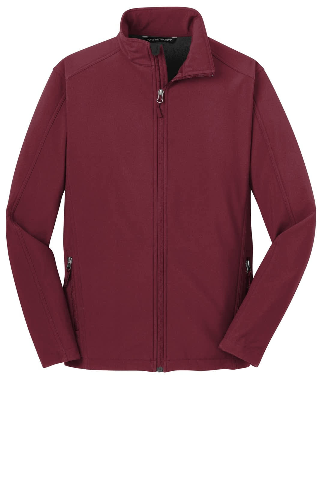 A maroon soft shell jacket with a zip front and two side pockets, featuring a logo on the chest.