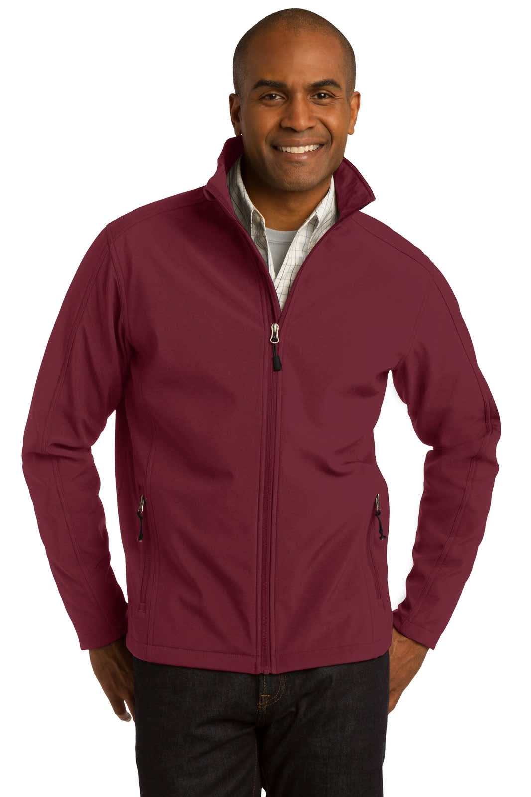 A maroon soft shell jacket with a zip front and side pockets, featuring a logo on the chest.
