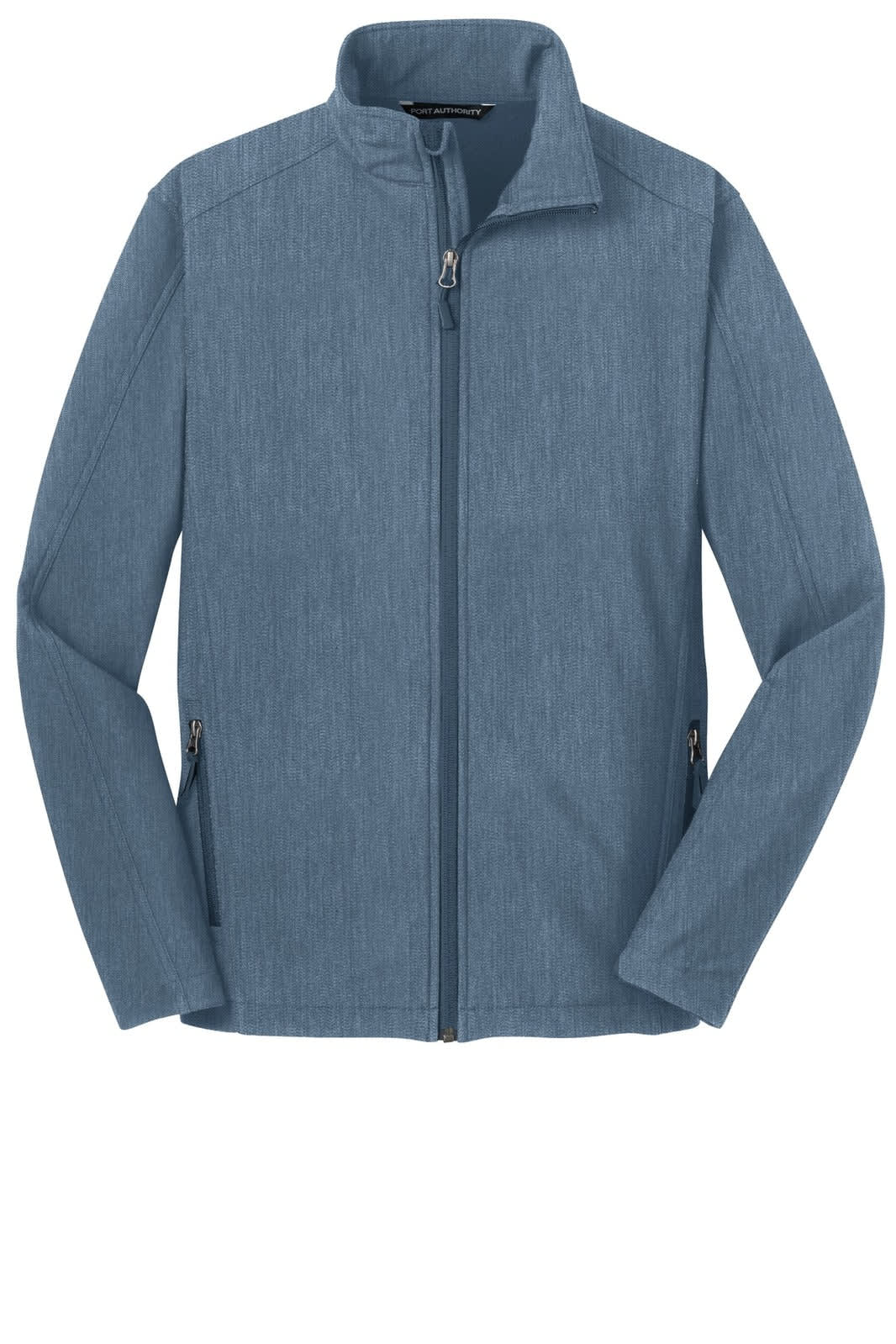 A soft shell jacket in a blue hue featuring a full zip, side pockets, and a collar. Includes a logo.