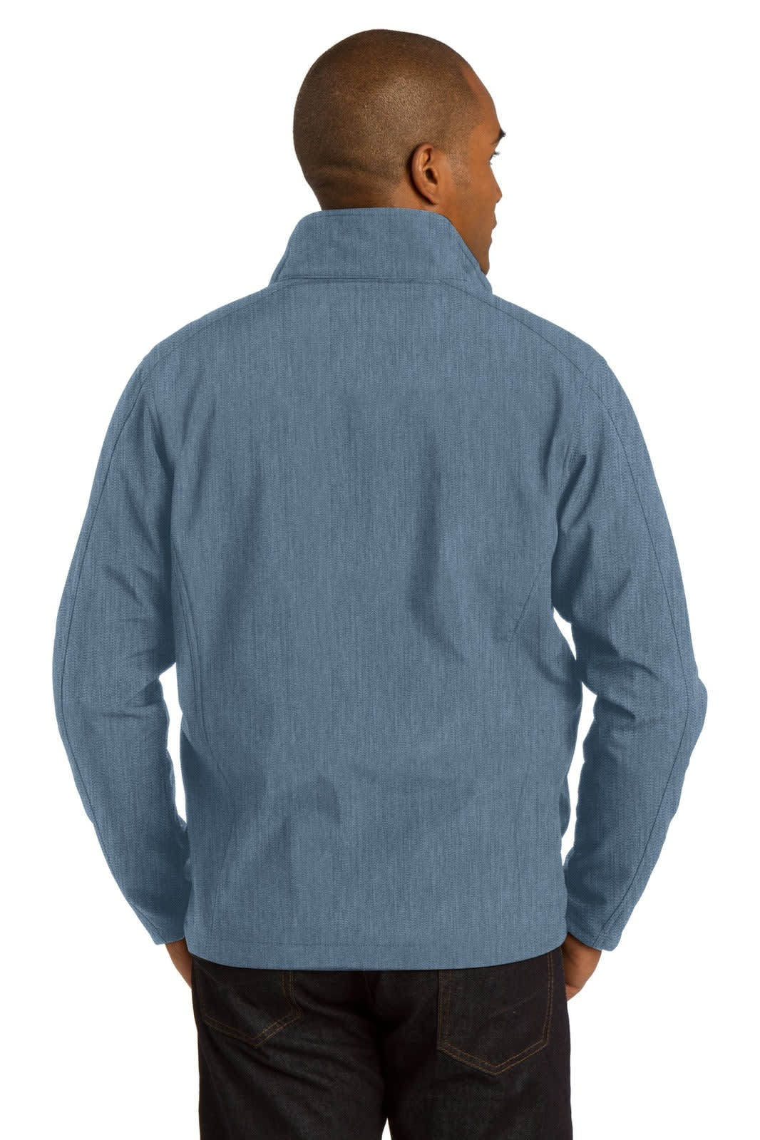 A soft shell jacket in light blue, featuring a collar and a logo on the back.