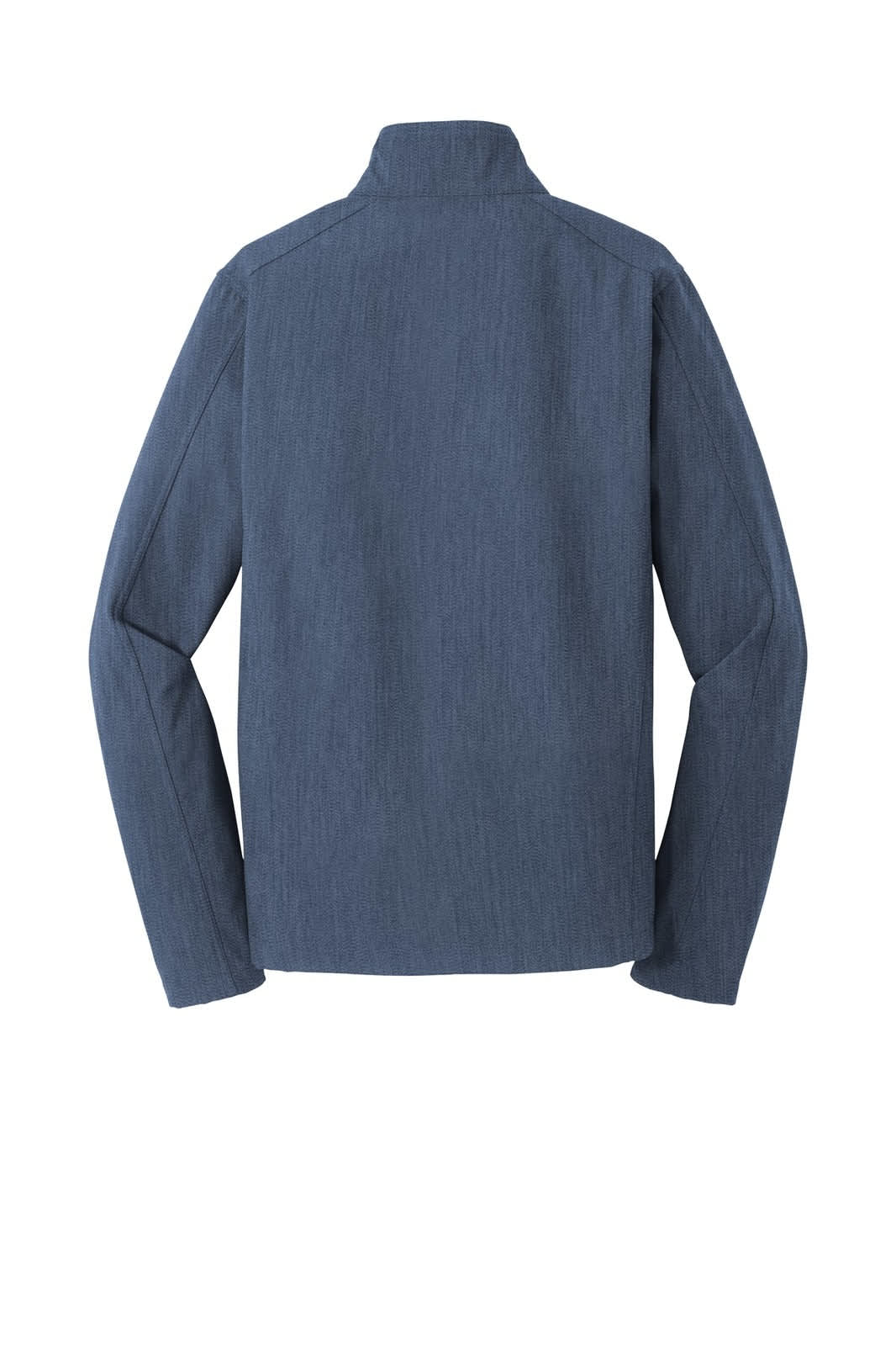 A navy soft shell jacket with a high collar and long sleeves, featuring a brand logo.