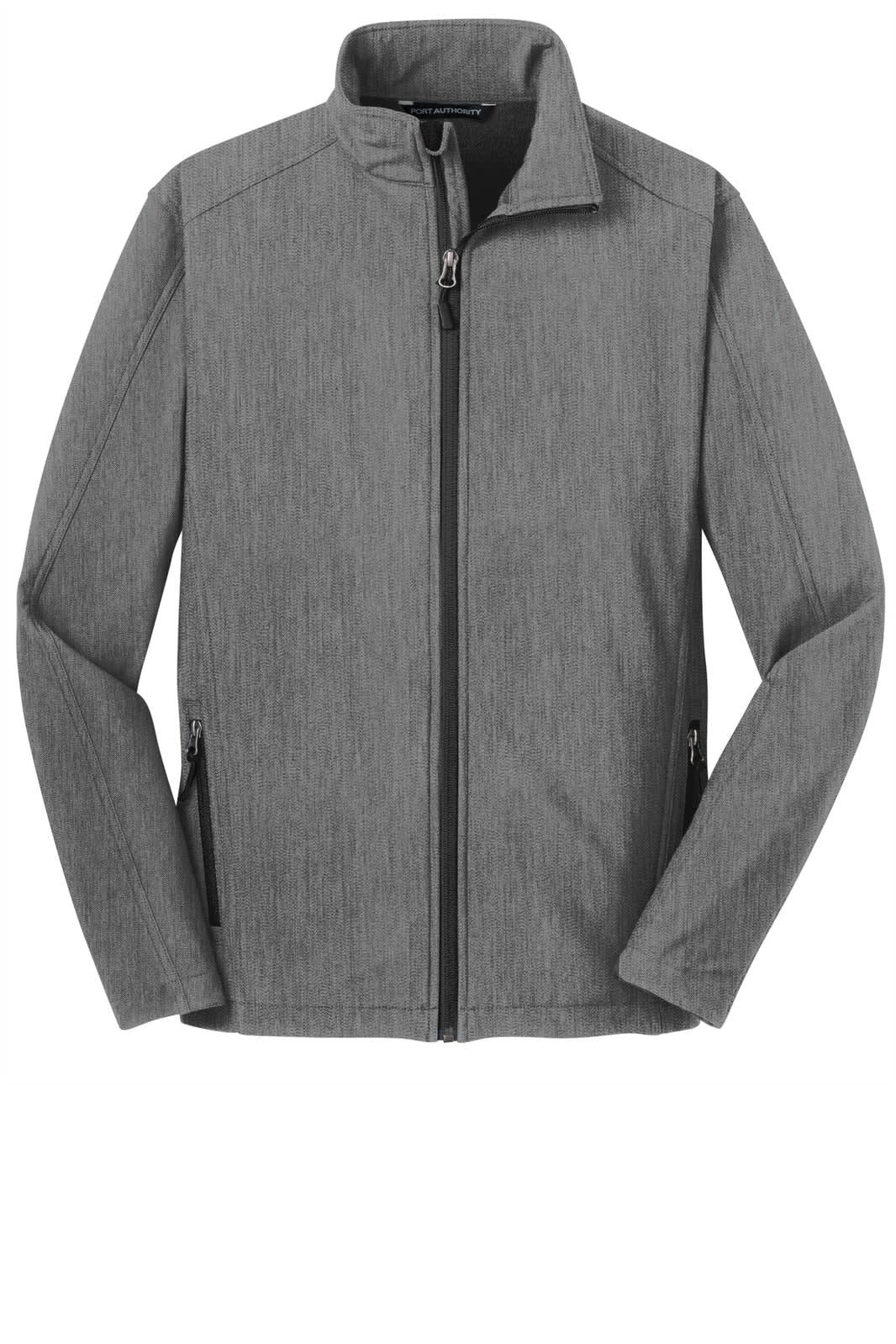 A grey soft shell jacket featuring a zippered front and a stand-up collar, with side pockets and a logo.