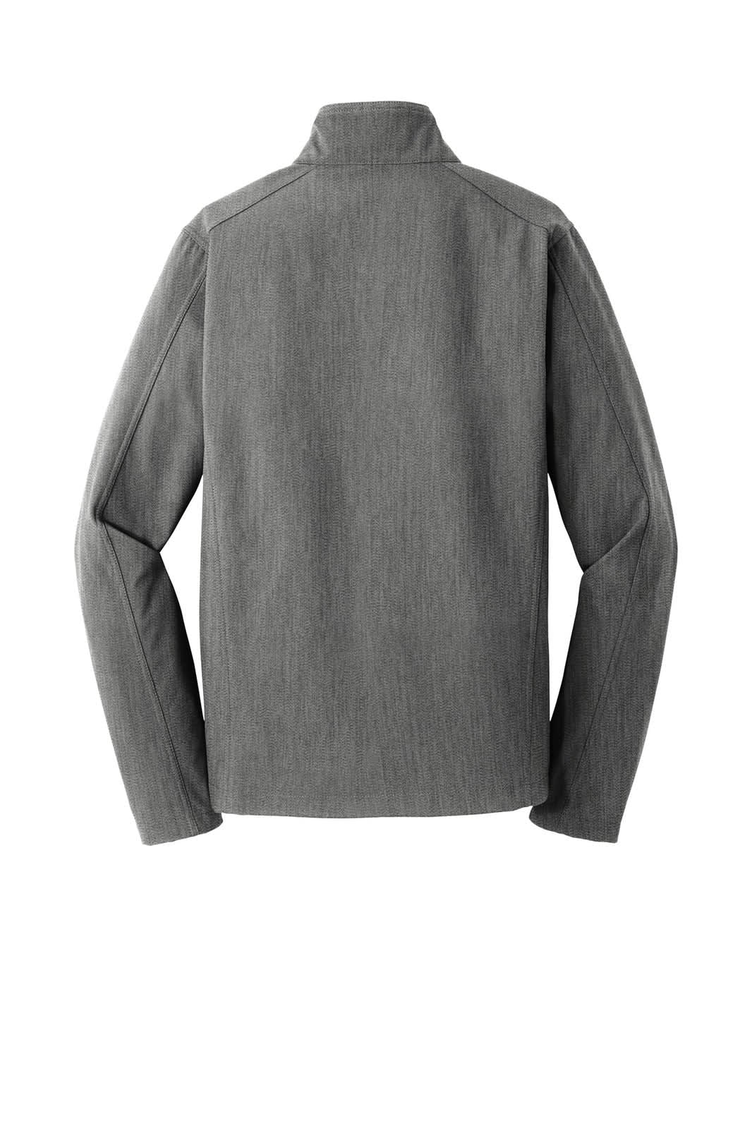 A grey soft shell jacket with a tailored fit, featuring a high collar and a logo on the back.