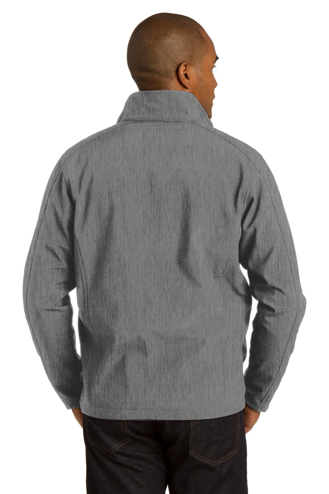 A grey Port Authority Core Soft Shell Jacket featuring a collar and a logo on the back.