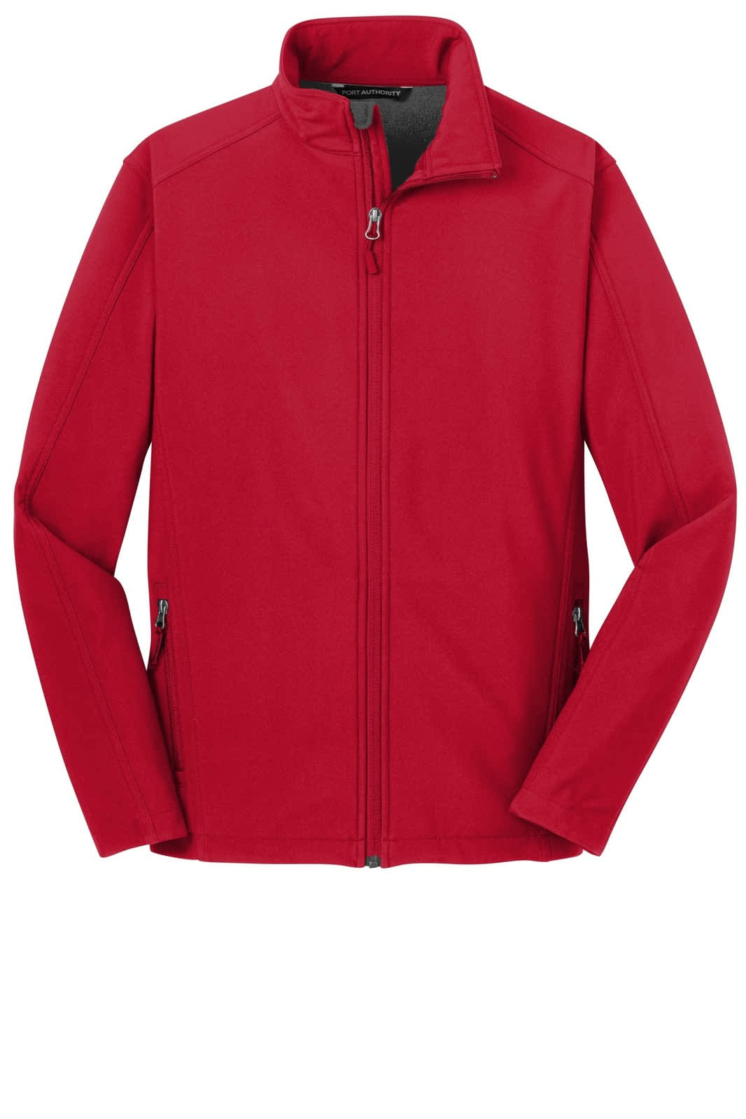 A red soft shell jacket with a zip front and side pockets, featuring a branding logo.