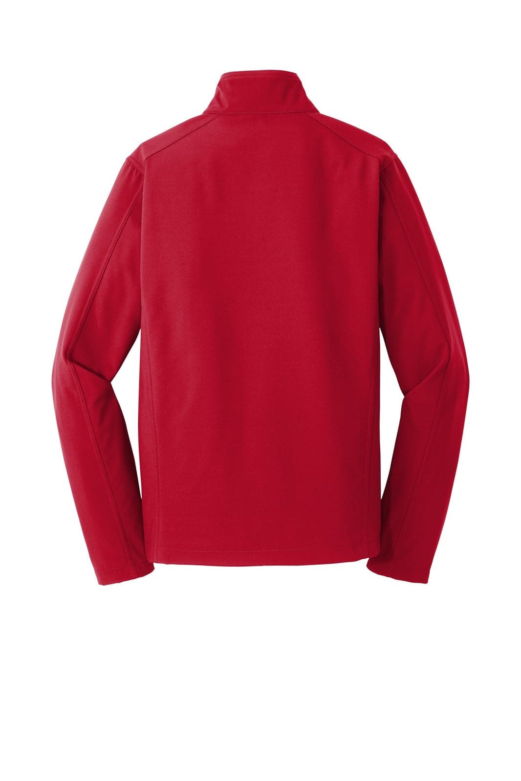 A red soft shell jacket with long sleeves and a high collar, featuring a logo on the back.