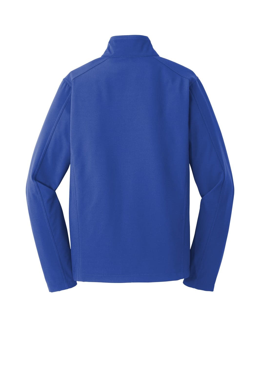 A blue Port Authority Core Soft Shell Jacket with a high collar and long sleeves, featuring a logo on the back.