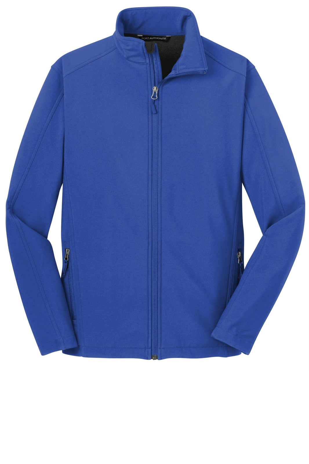 A blue soft shell jacket with a zip front and two side pockets, featuring a logo.