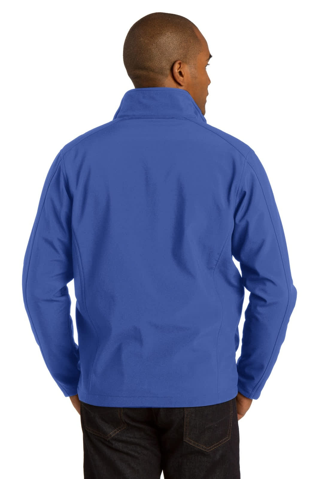 A blue soft shell jacket viewed from the back, featuring a collar and a logo.