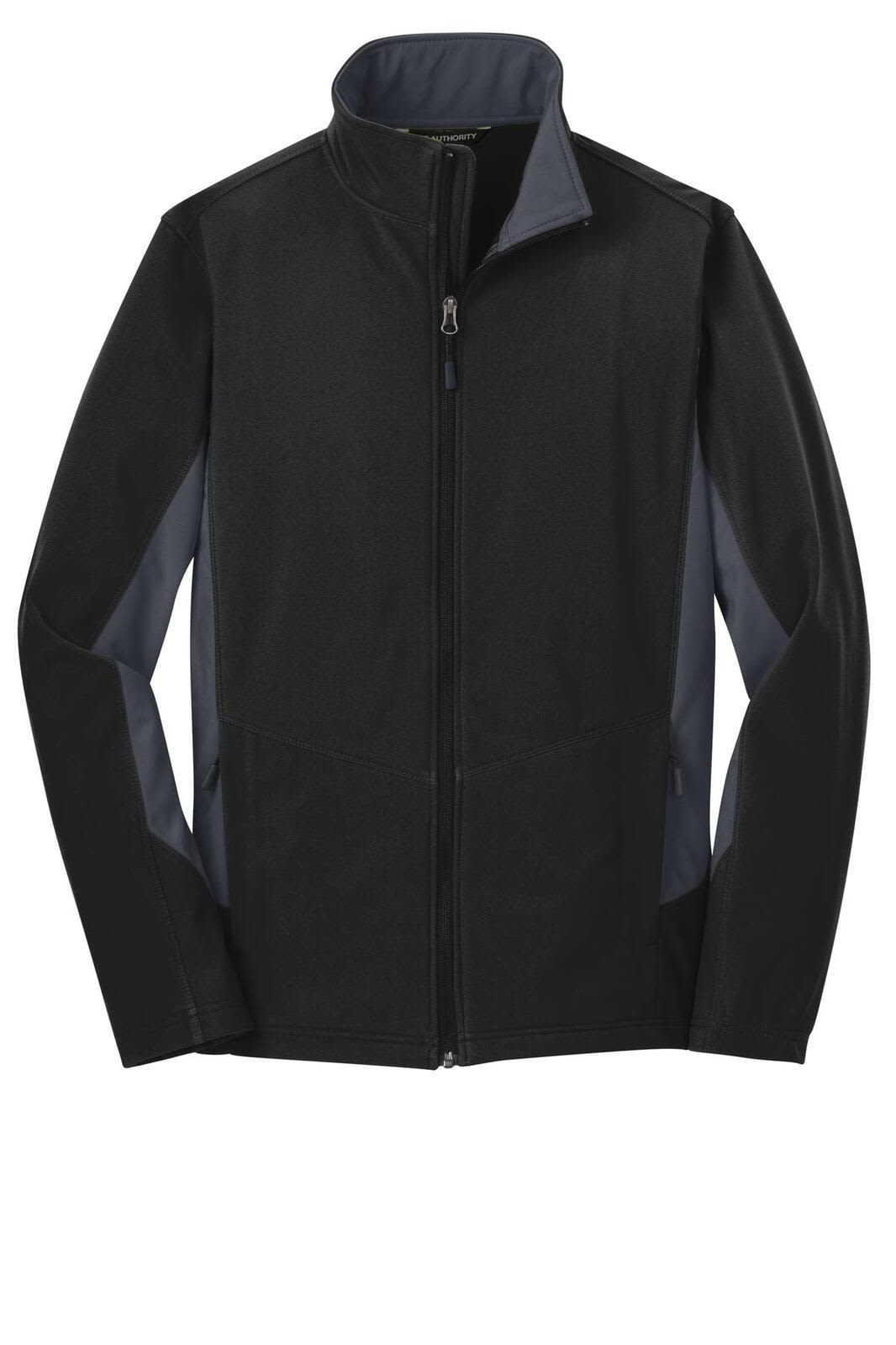 A black and grey soft shell jacket with a zippered front and tall collar; features a logo.
