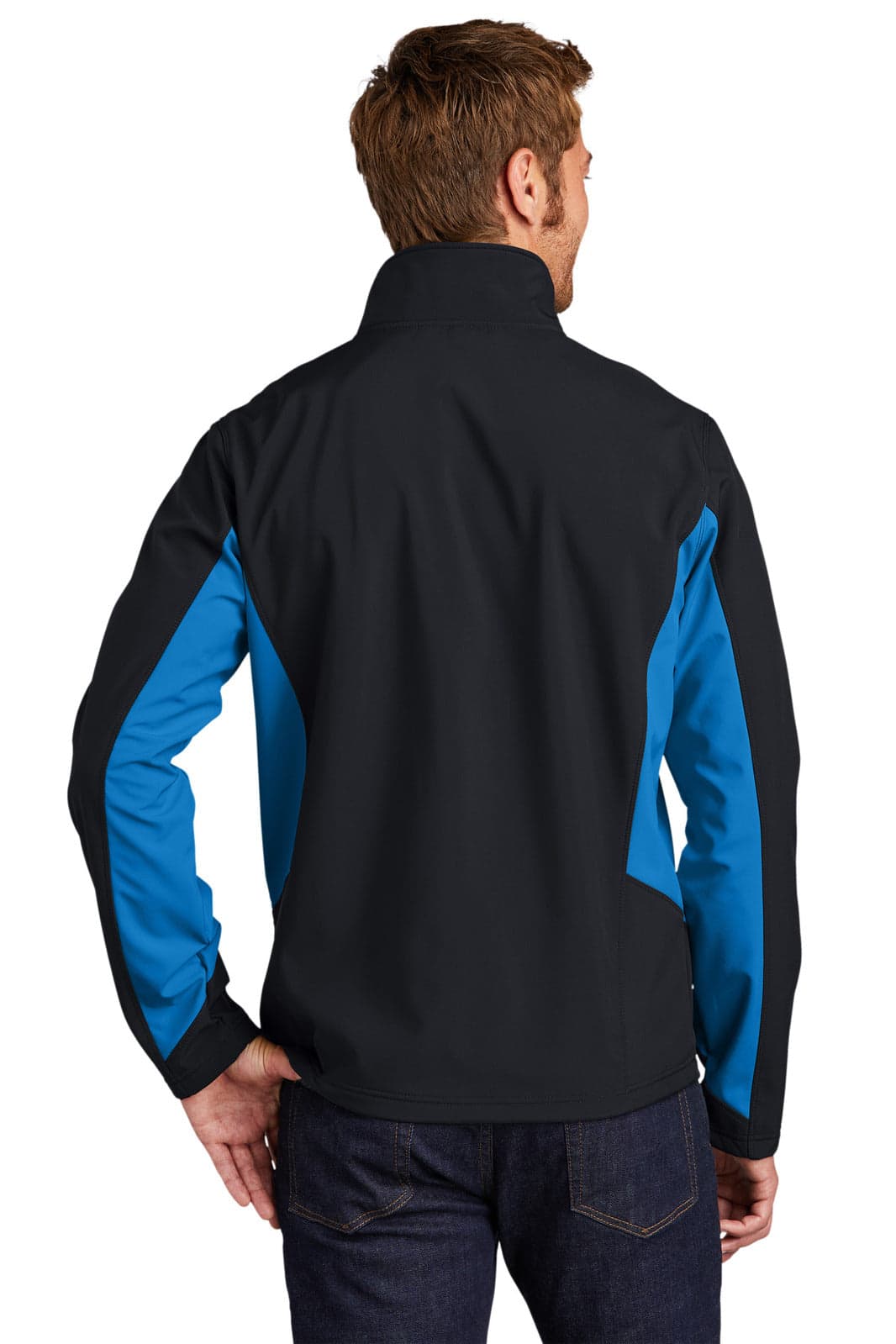 A soft shell jacket featuring a black body and vibrant blue sleeves, with a high collar and a logo on the back.